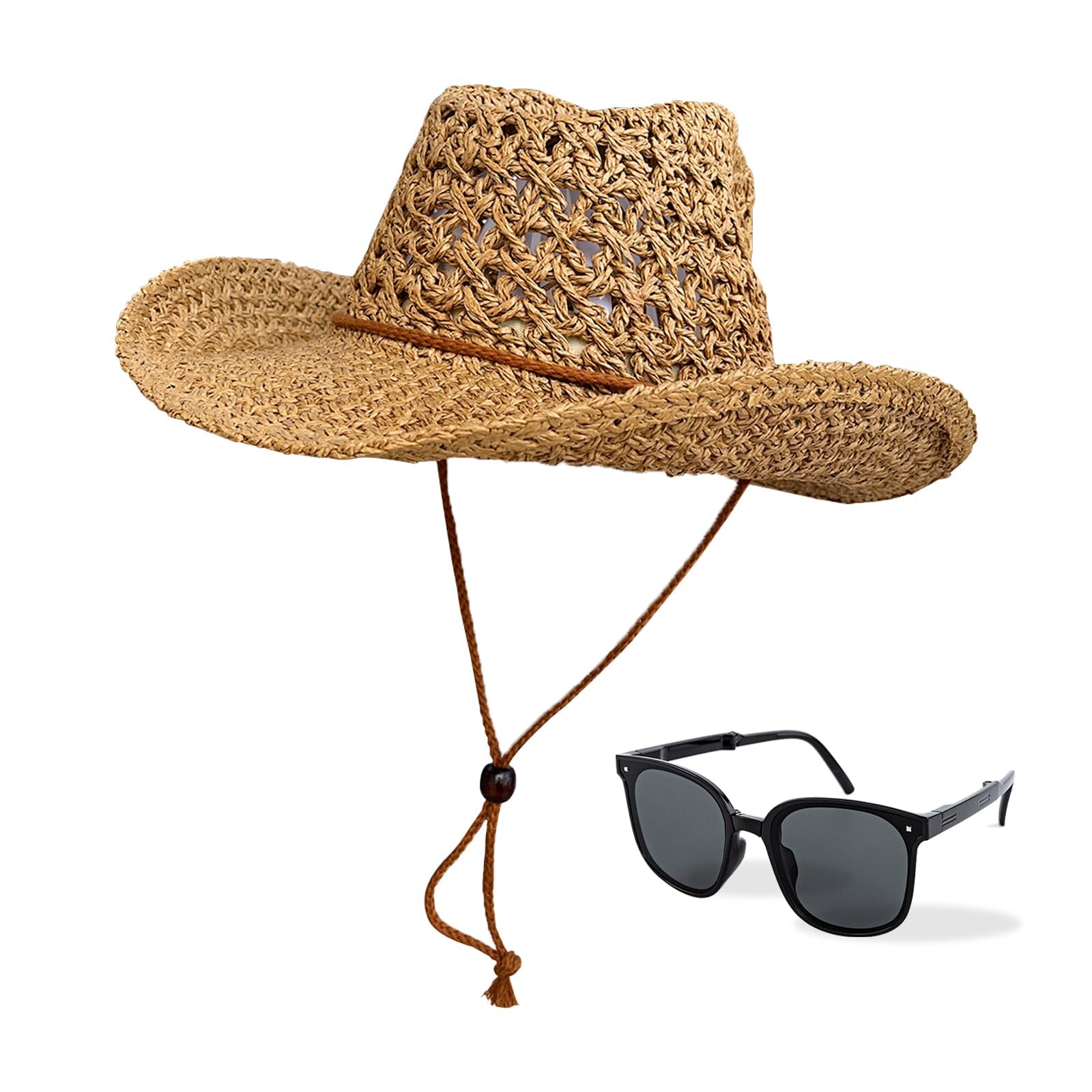 Straw Cowboy Hat Wide Brim with Sunglasses, Sun Hat Cowgirl Summer Western Cowboy Hat Adjustable Drawstring for Wedding Stage Performance for Holiday Party Men Women