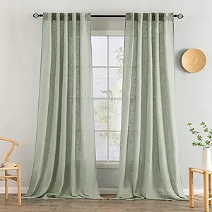 MIULEE Sage Linen Curtains 96 Inch Length 2 Panels for Bedroom Living Room,Green Soft Thick Linen Textured Window Drapes Semi Sheer Light Filtering Back Tab Rod Pocket Burlap Look Decor