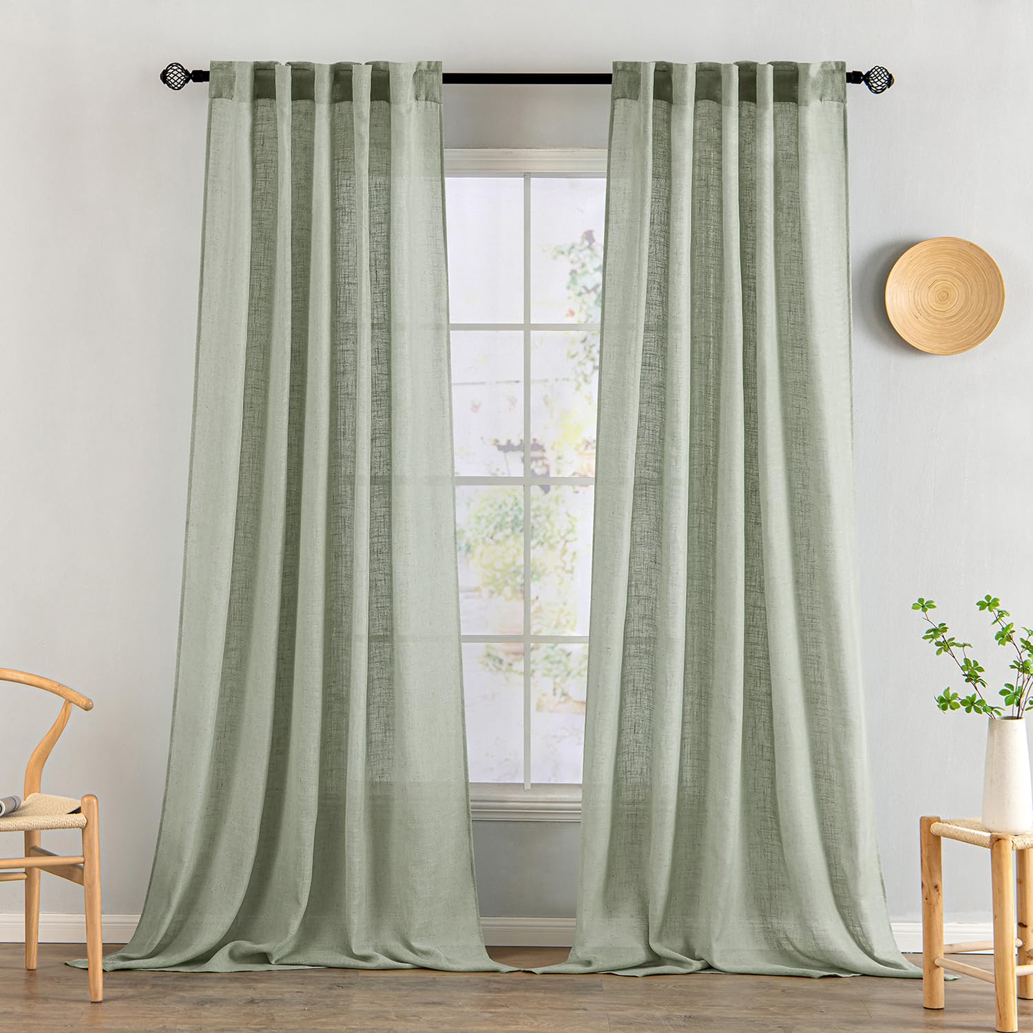 MIULEE Sage Linen Curtains 108 Inch Length 2 Panels for Bedroom Living Room,Green Soft Thick Linen Textured Window Drapes Semi Sheer Light Filtering