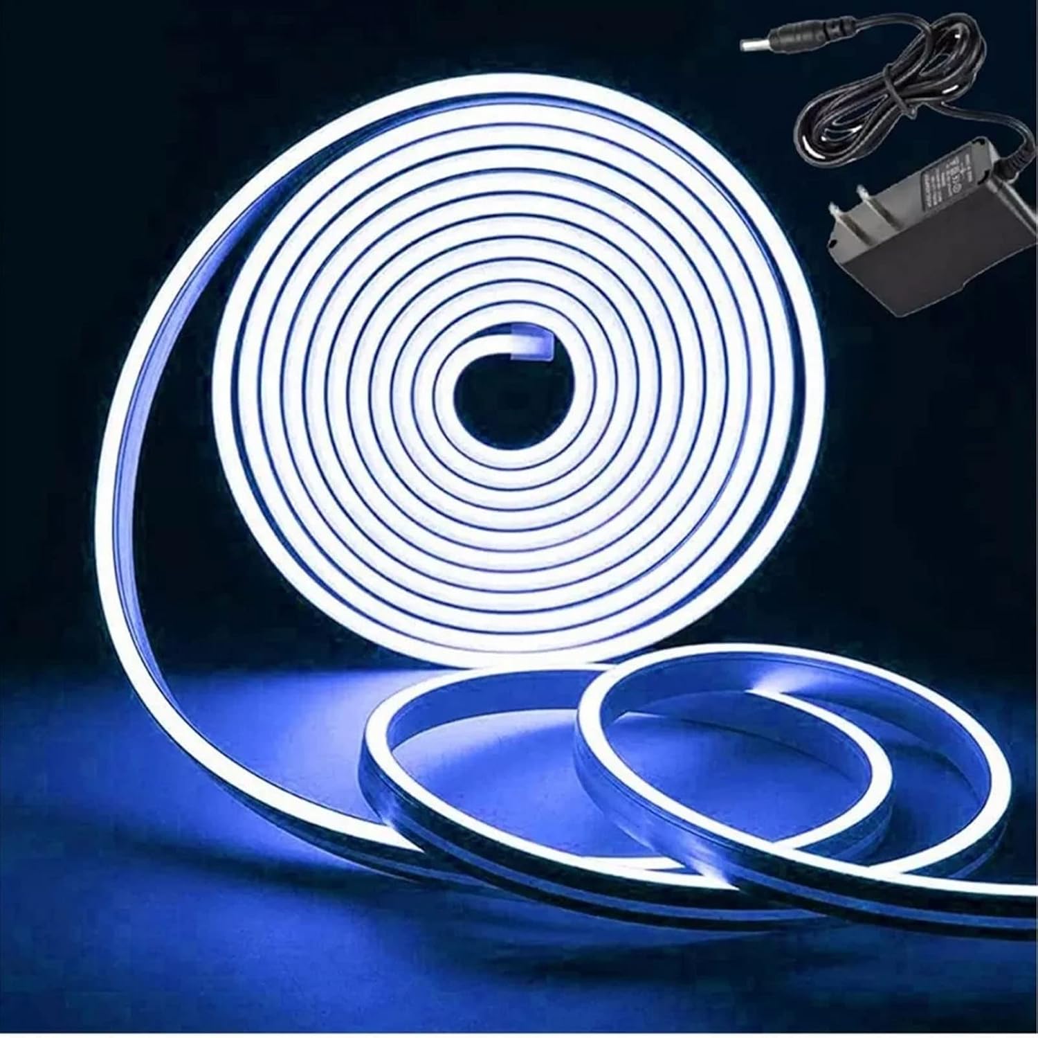 Image of the blue neon strip light illuminated, demonstrating its uniform glow.
