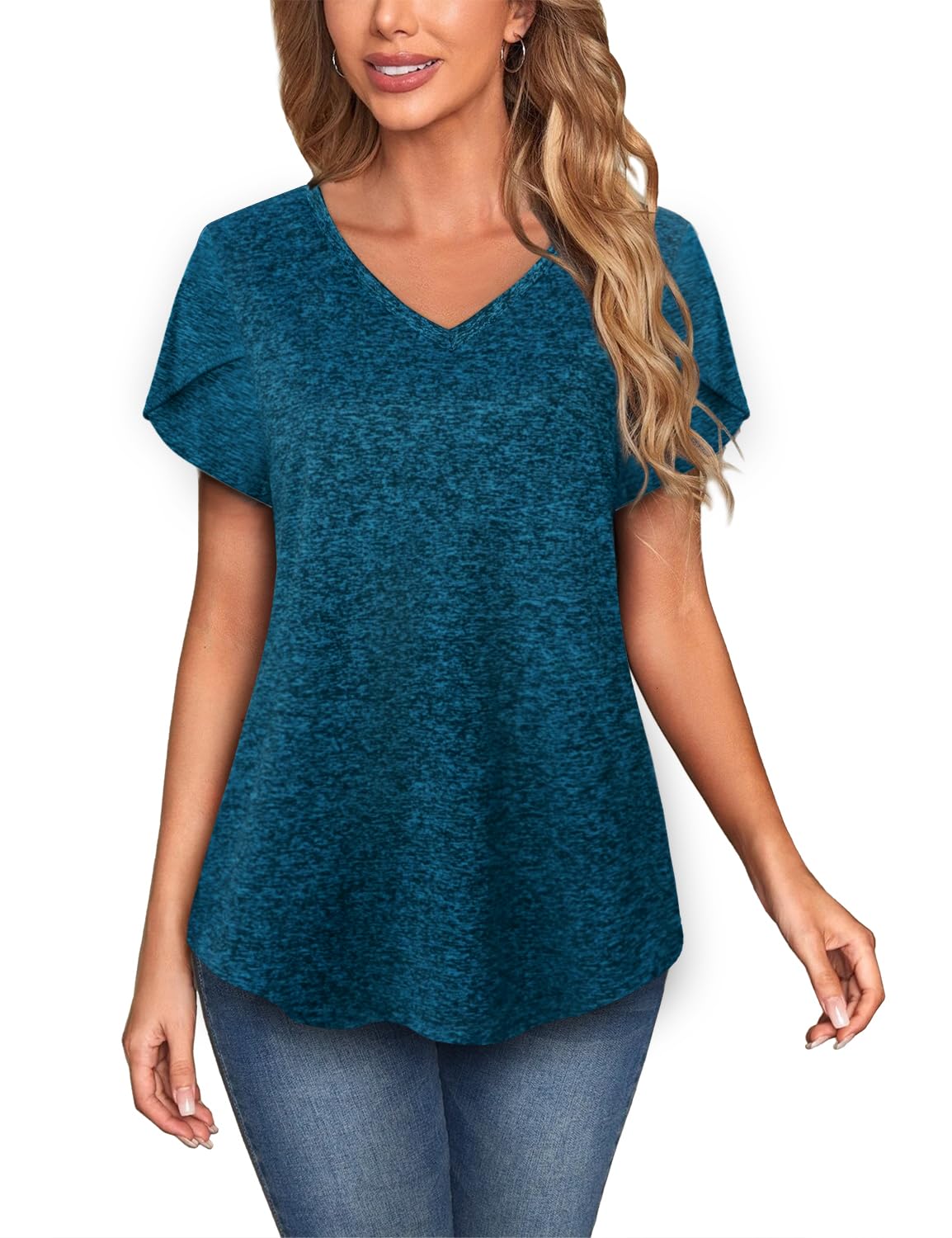 MISS FORTUNE Womens V-Neck Short Sleeve Activewear T-Shirt Petal Sleeve Casual Athletic Moisture Wicking Fitness Tops