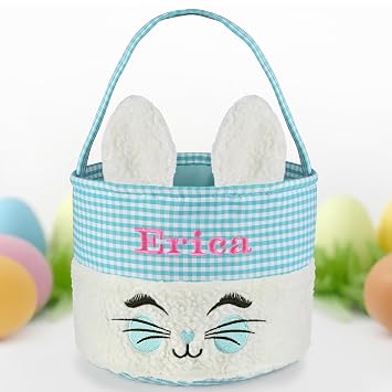 Easter Basket, Jocidea Personalized Easter Baskets, Easter Bunny Basket, Easter Egg Hunt Baskets - Blue Grid Smile Bunny
