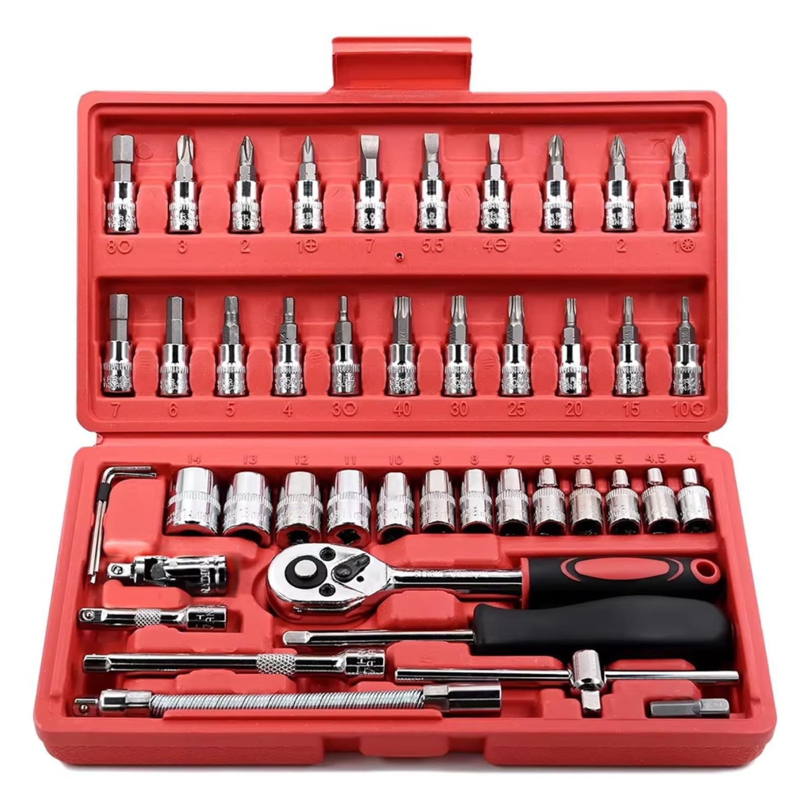 Kit d'outillage mécanique Kit D'outils Réparation Jeu Douilles 1/4 Pouces Outil Réparation Automobile Clé Dynamométrique À Cliquet Kit D'outils Domestiques Outils Manuels 46 Pièces