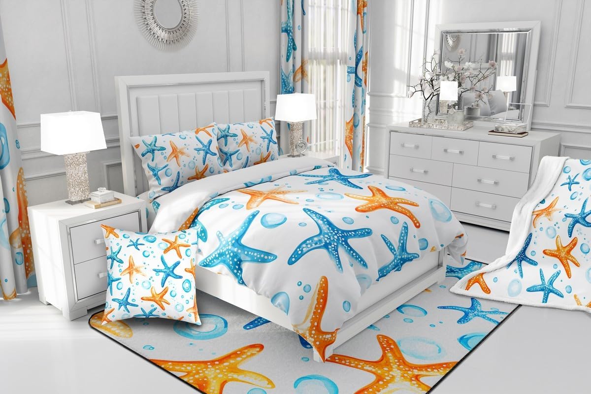 jejeloiu Cute Starfish Duvet Cover Kids Boys Girls Toddler Size Coastal Beach Ocean Bedding Set Soft Summer Holiday Comforter Cover Nautical Sea Creatures Bedspread Cover Ocean Marine,No Comforter