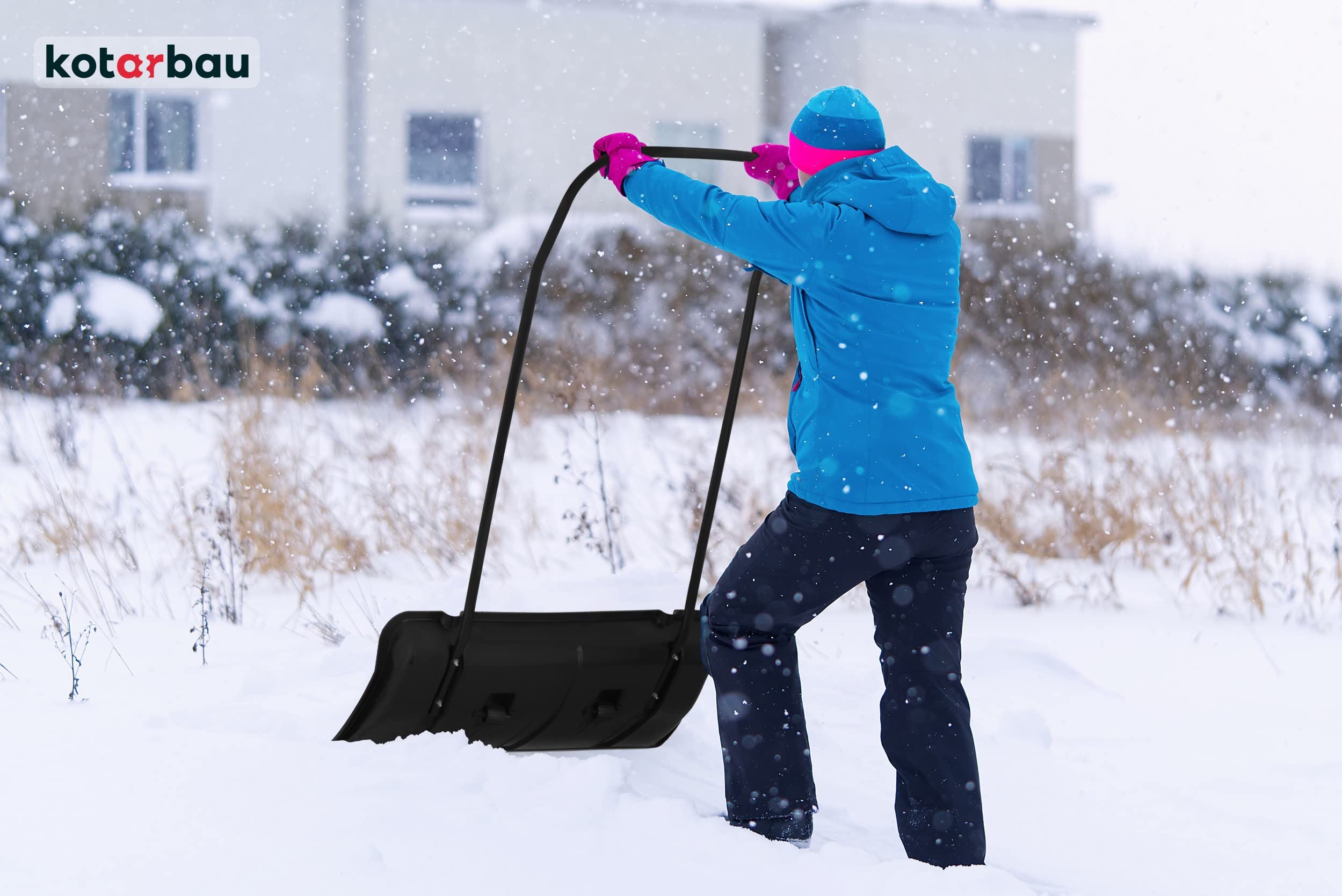 KOTARBAU® Schneeschieber mit Rädern Schneeschaufel 80 cm Schneewanne mit Alu-Profilkante Schneeschippe mit Metallgriff Schwarz Profi