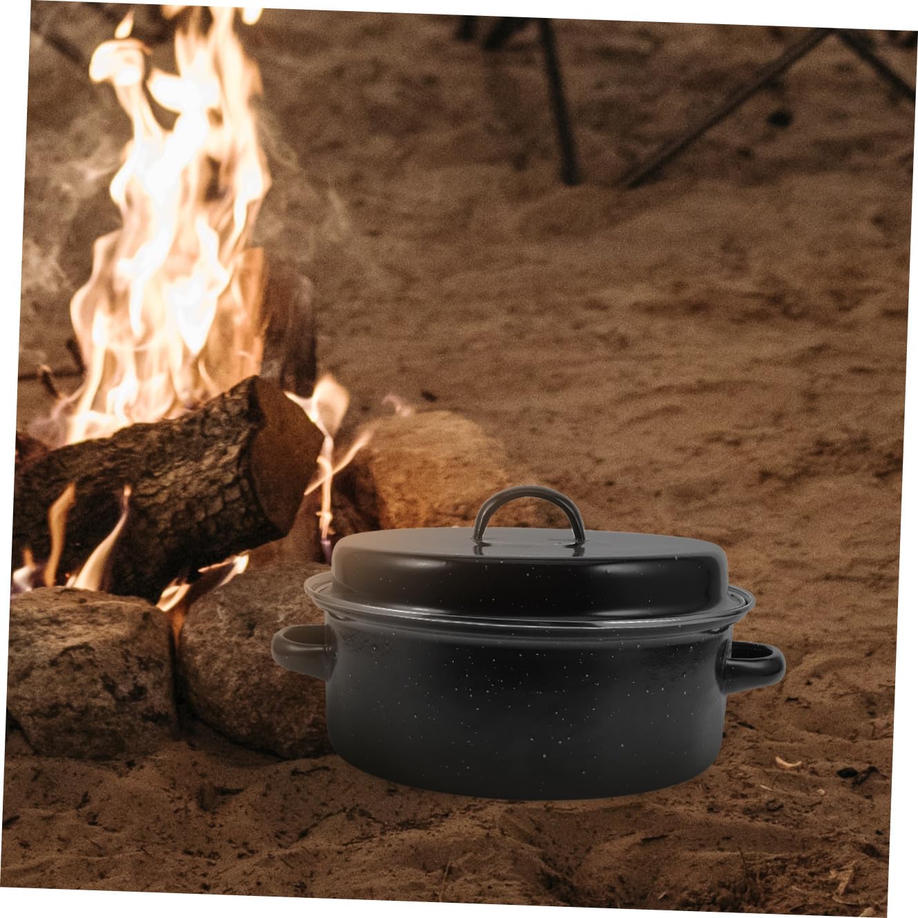 Emaillierter Bräter mit Deckel aus Eisen in Schwarz | Grilltopf für Ofen, Doppelte Griffe, Wiederverwendbar, für Kartoffeln und Fleisch