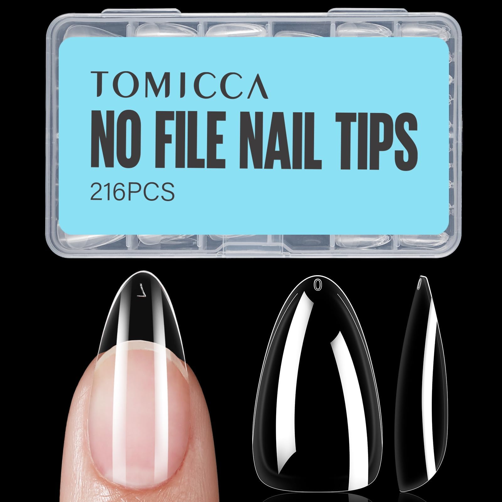 Almond Nail Tips, Medium Almond Acrylic Nail Tips, 216Pcs Full Cover Clear Nails, Nail Extension Tips for Nail salon and DIY at Home