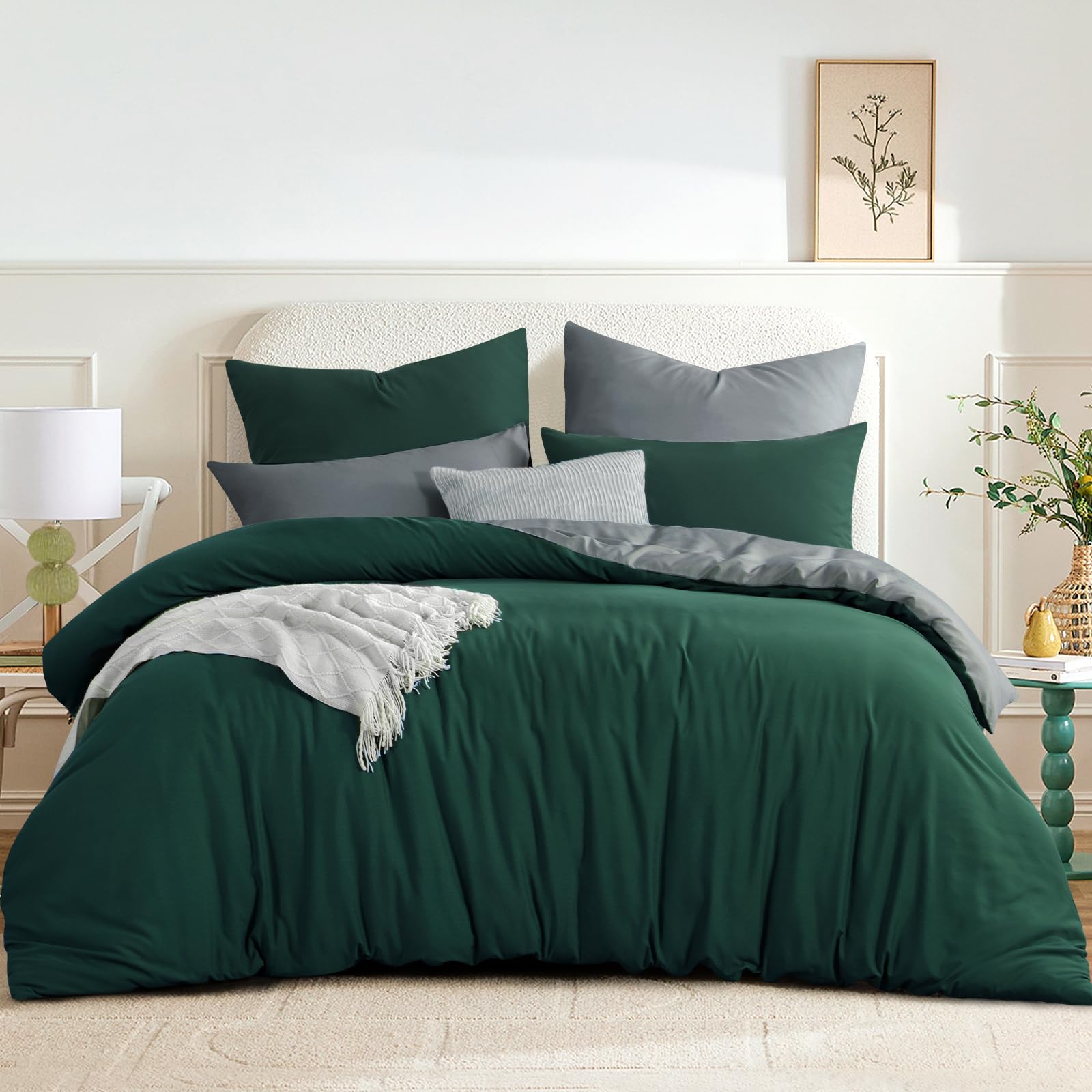 RUIKASI Dark Green Double Duvet Set Grey, Reversible Green Duvet Cover Double Bedding Set including Zip - Image 2