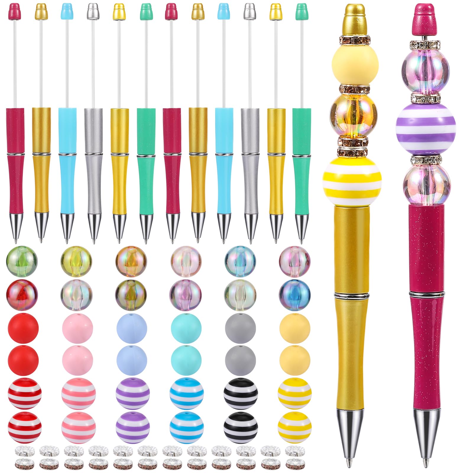 WEWAYSMILE 12 Set Beaded Pens Kits Silicone Beads For Pens DIY Cartoon Bead Pen Various Silicone Beads Spacer Beads Suitable For Office School Gift Handicraft Office Supplies(Striped Round Beads)