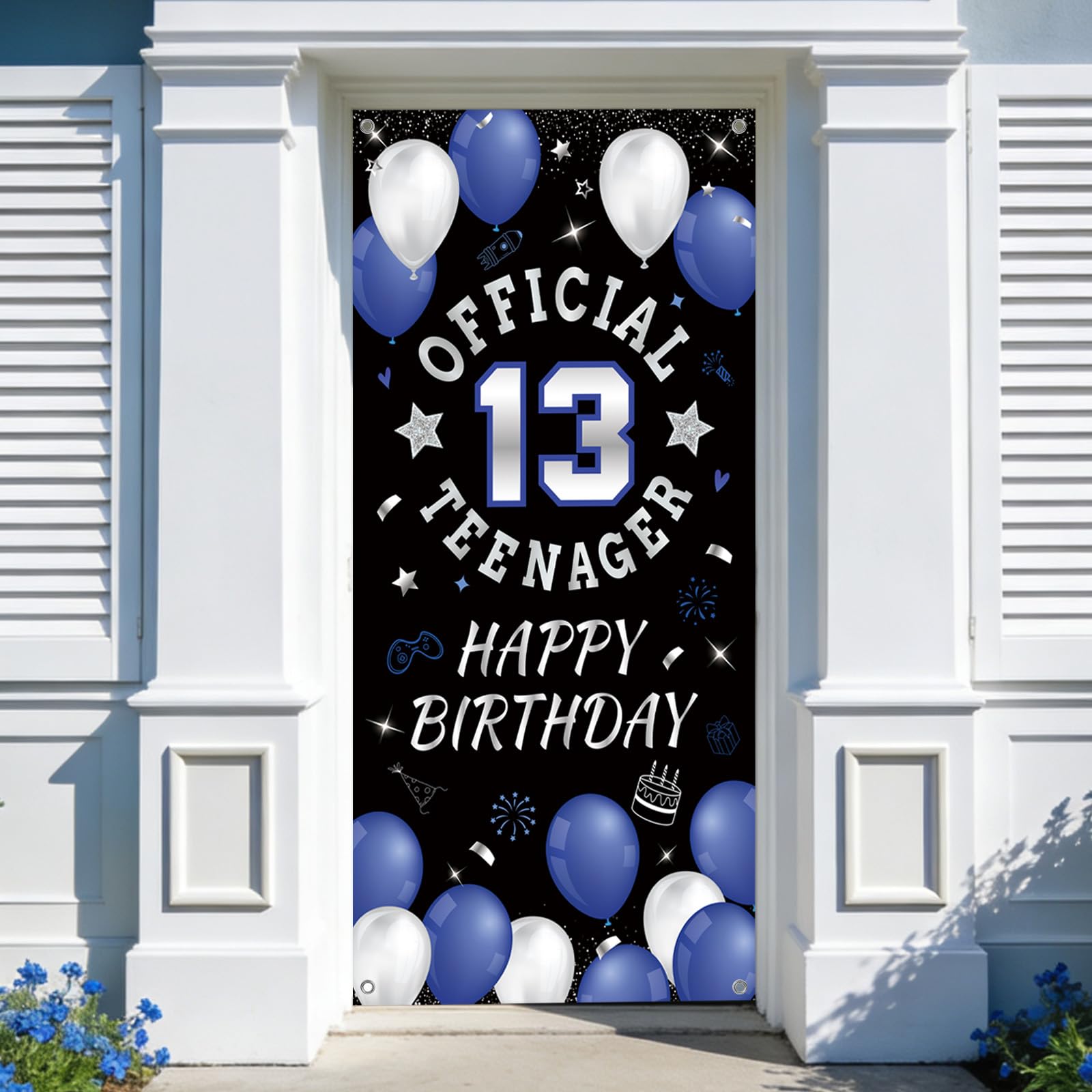 13th Happy Birthday Door Banner Backdrop, Blue Official Teenager Polyester Birthday Decorations for Boys Girls 13 Years Party Decor Photo Props Yard Sign Indoor Outdoor
