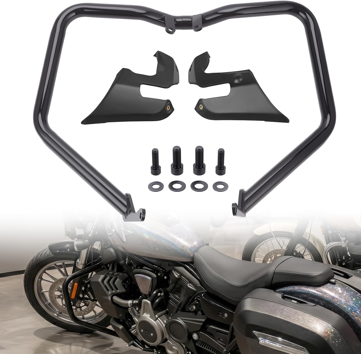 Highway Engine Guard Crash Bar for Harley Sportster S RH1250S 2021-2025 Nightster RH975 2022-2025, Heavy Duty Steel with Black Electroplated Coating, Kit Includes Front Spoiler Chin Fairing
