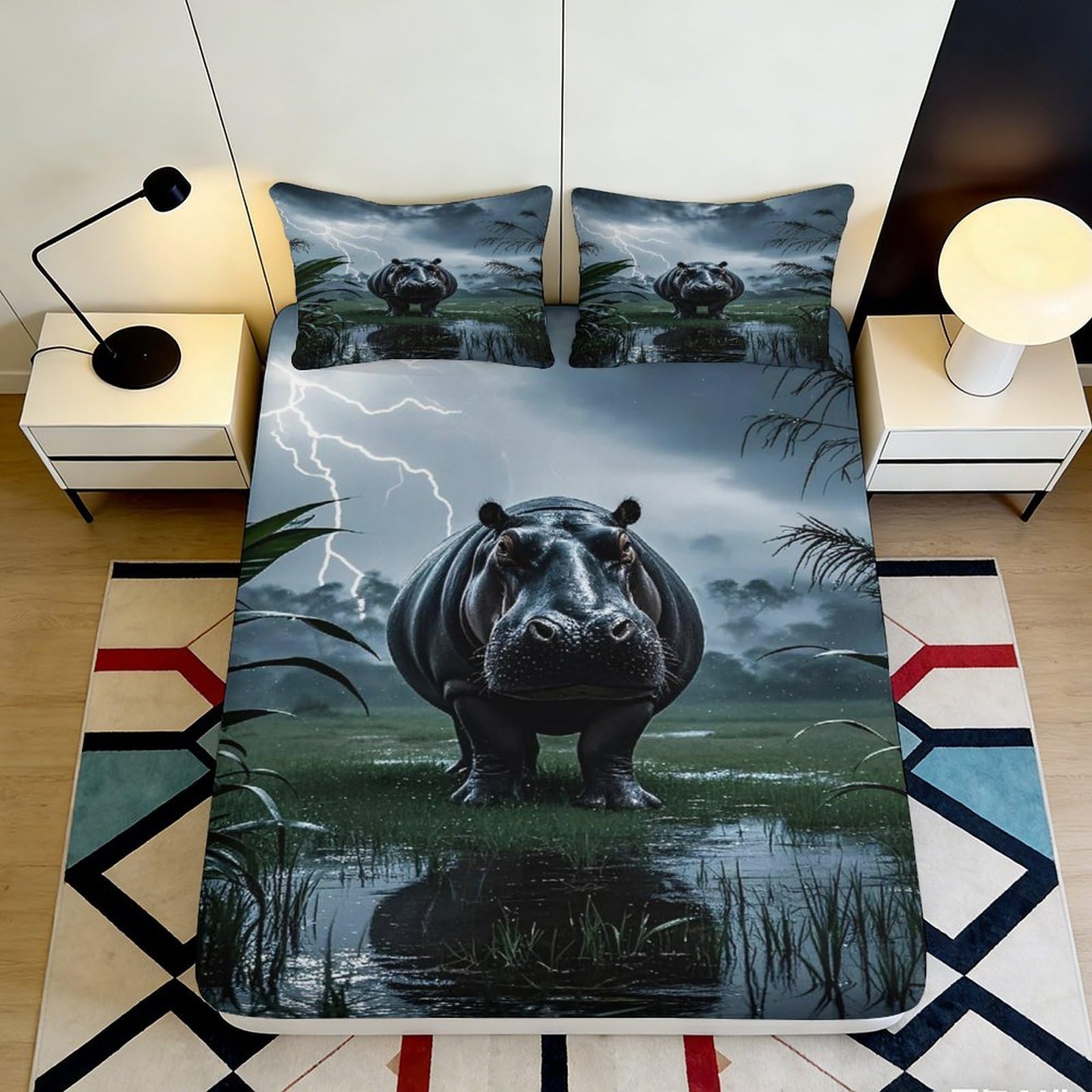 3D Printed Hippo 3D Fitted Sheet Microfiber Soft Breathable Stormy Night Bed Cover for Bedroom Dormitory Guest Room Mattress Protection Decor 120x200x25cm