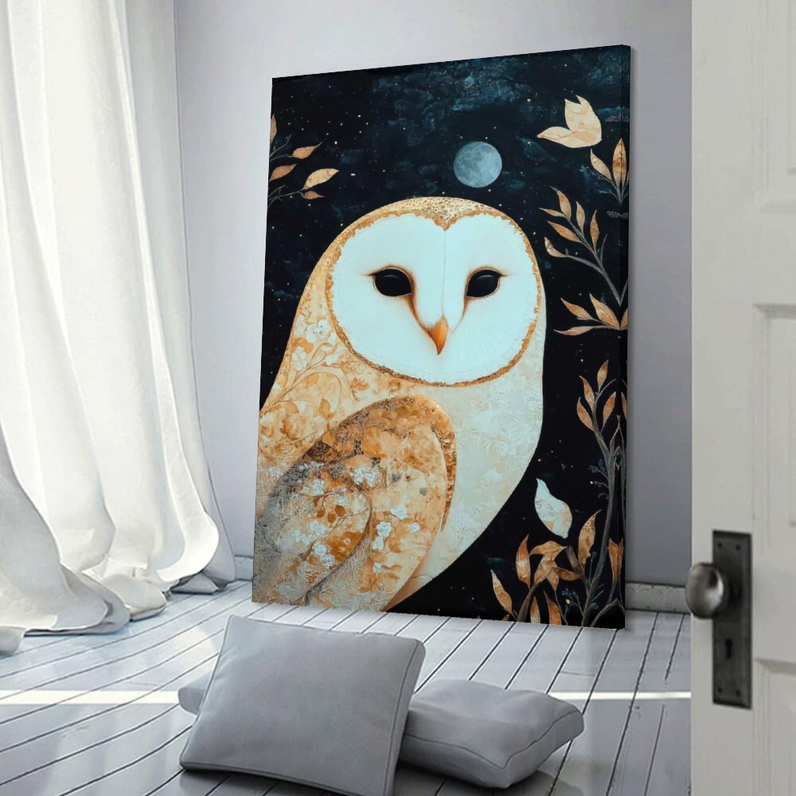Junmoney Floral Owl Under Moonlight Wall Art Print, 24x36inch(60x90cm), for Entryway, Lounge Links Or Small Walls, Decorative Wall Art for Narrow Spaces