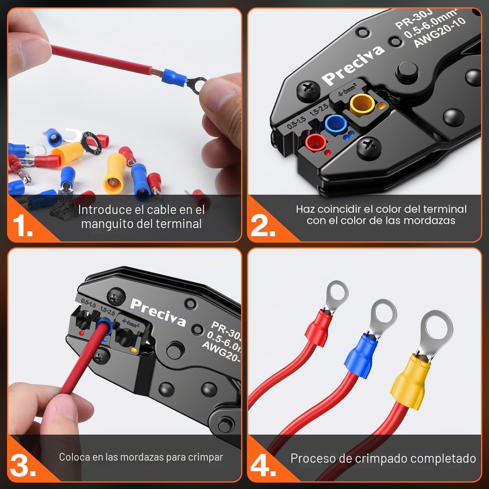 Preciva crimpadora terminales electricos, 425 piezas Terminales aislados, Kit de herramientas de crimpado para terminales de cables aislados, Conectores de crimpado en horquilla aislados de 0,5-6 mm²