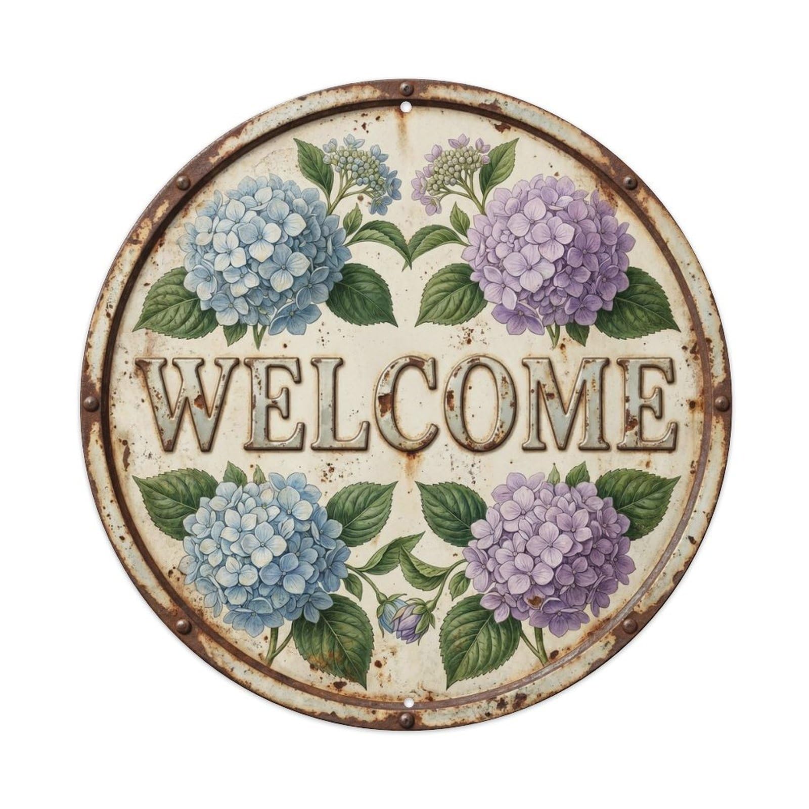 Hydrangea Welcome Botanical Floral Greeting Label Metal Tin Sign