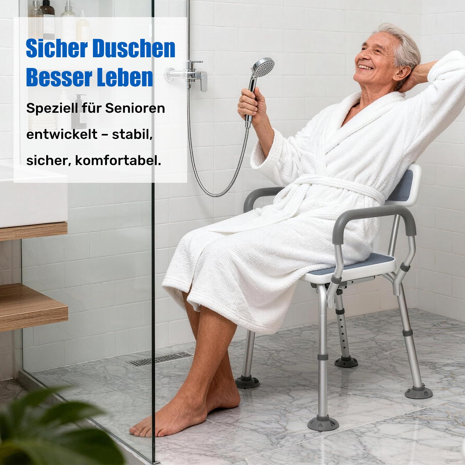 EasyVibe Duschstuhl für Senioren mit Saugnapf-Füßen, Duschhocker mit U-Ausschnitt, Badestuhl mit Armlehnen & Rückenlehne, 150kg Tragkraft, Werkzeugfreie Montage, Grau
