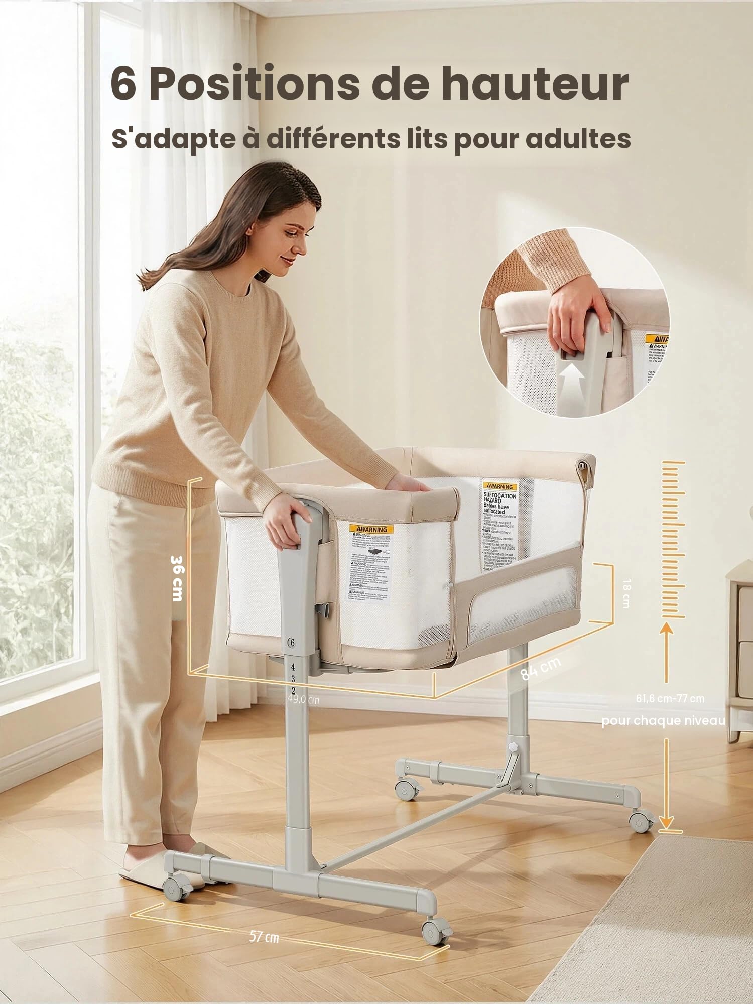 Berceau Cododo 3-en-1 à Bascule avec Roues Lit Bébé Réglable en Hauteur 6 Positions Matelas Doux Mousse Respirante