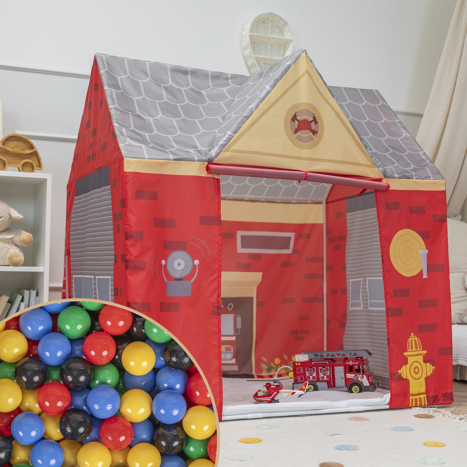 Selonis Playhouse Play Tent For Kids With 600 Balls Fire Station Durable And Creative Adventure Space Realistic Fire Truck Details Easy Assembly For Indoor And Outdoor