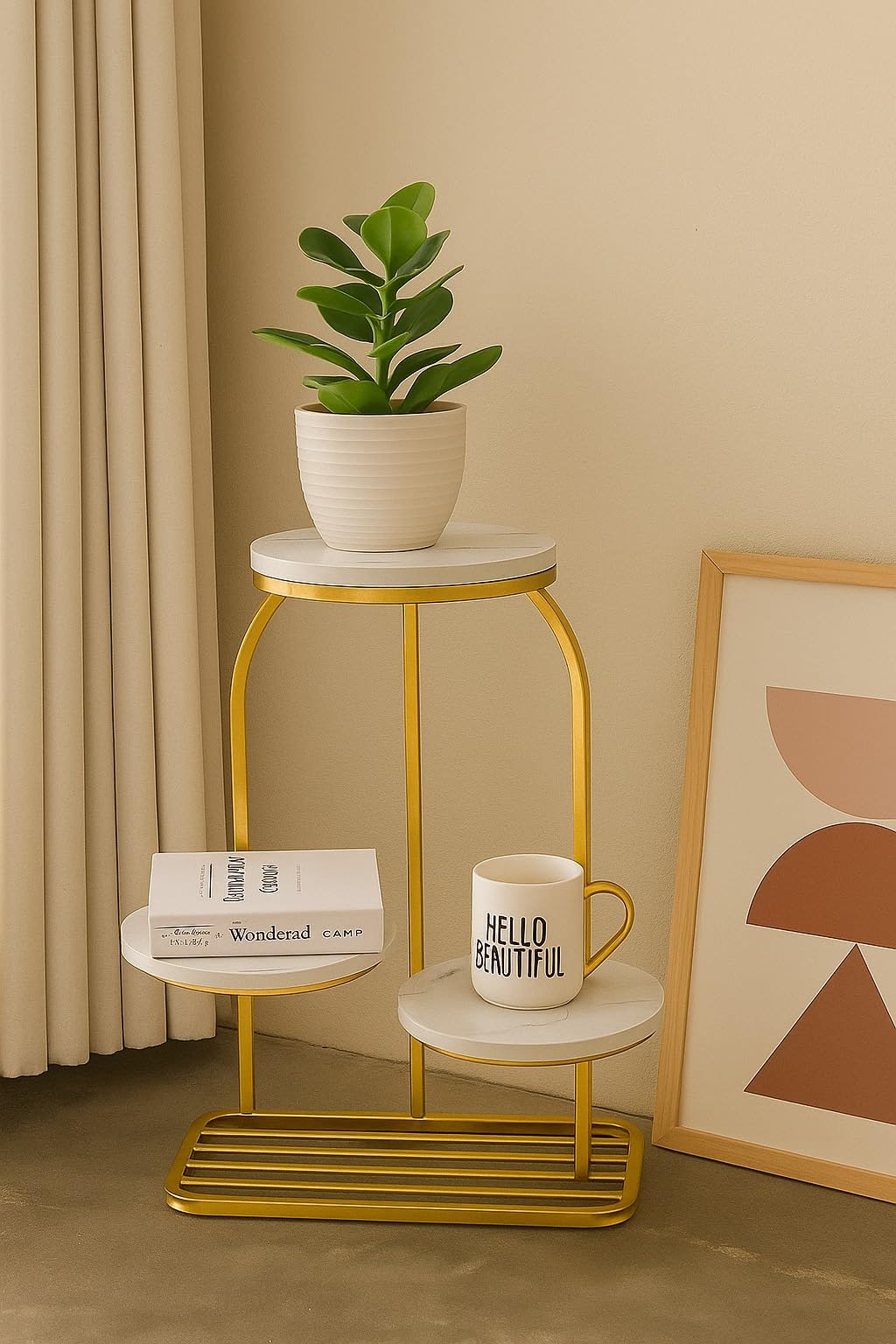 Brown Art SHOPPEE 3 Tier Round Side Table, End Tables Coffee Table Simplistic Sofa Table Tray Table Indoor Outdoor Plant Stand Table for Living Room Bedroom (Gold & White)-image-43