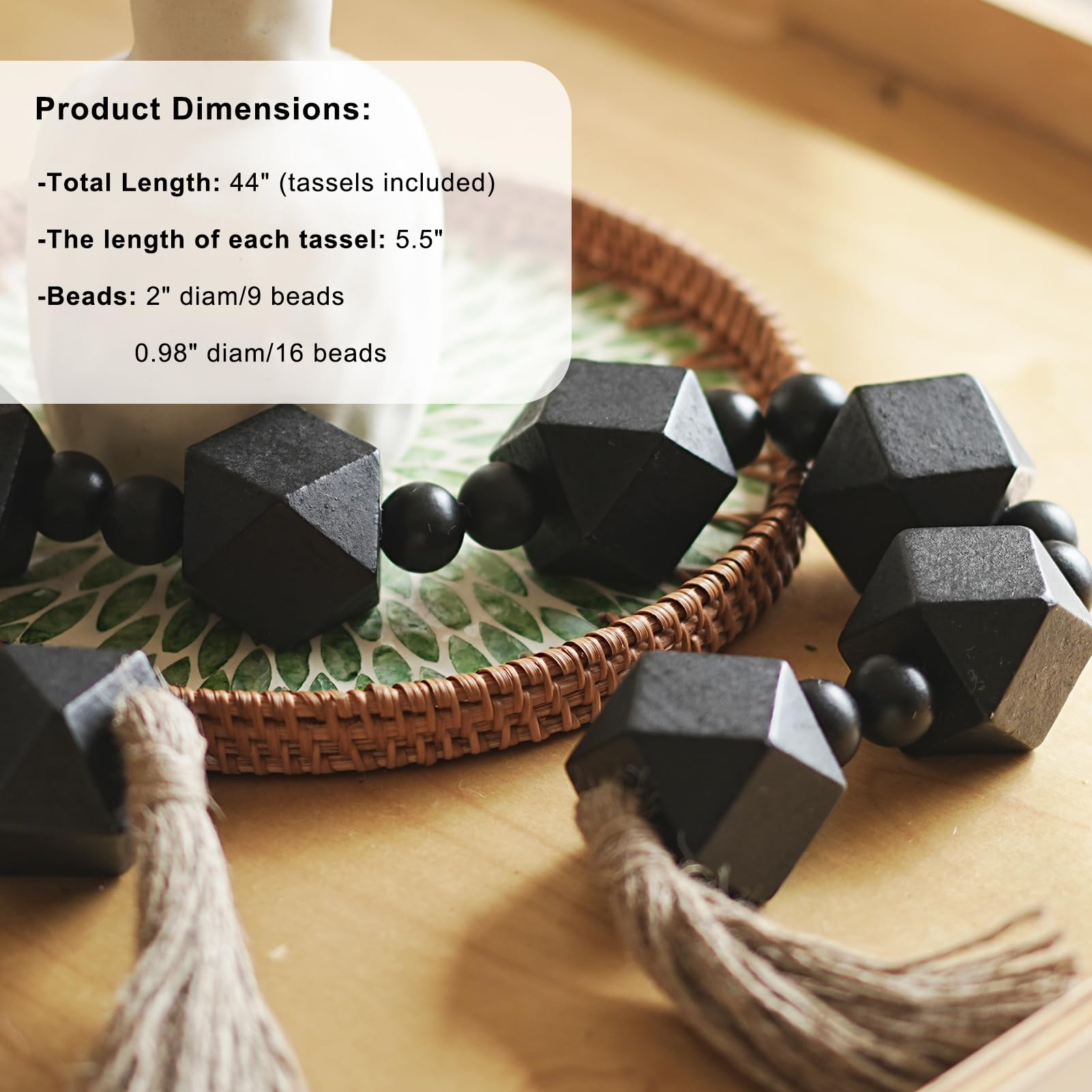 Guirnalda de cuentas de madera extra grande con cuentas geométricas de madera de 2 pulgadas de diámetro, guirnalda de cuentas de madera con borlas, cuentas decorativas para decoración de
