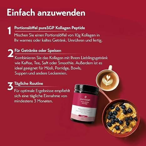 pureSGP® Kollagen [300g]: Reinstes Kollagen in Apothekenqualität - Bioaktive Premium-Peptide aus hochwertigem Kollagenhydrolysat. Mit Vitamin C & Biotin - Geschmacksneutral - Sehr gute Löslichkeit Apothekenqualität Bioaktive Premium-Peptide Kollagenhydrolysat mit Vitamin C & Biotin Geschmacksneutral Gute Löslichkeit
