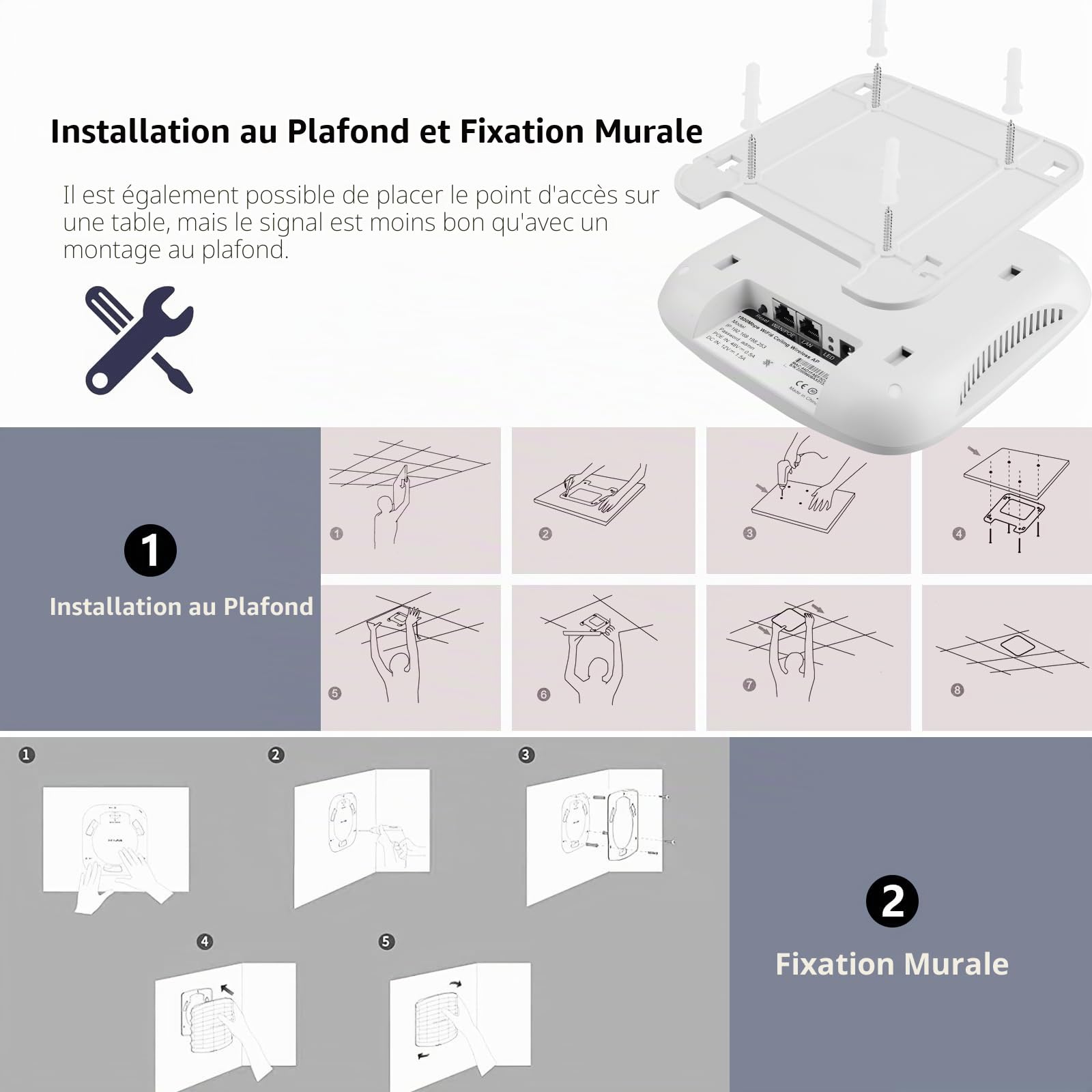 KuWFi Point d'accès WiFi 6, Vitesse Borne WiFi 6 Dual-Band AX820, Pont WiFi Exterieur | Wireless Access Point PoE avec 2 Port Ethernet Gigabit | 802.11ax | Pose au Plafond et au Mur