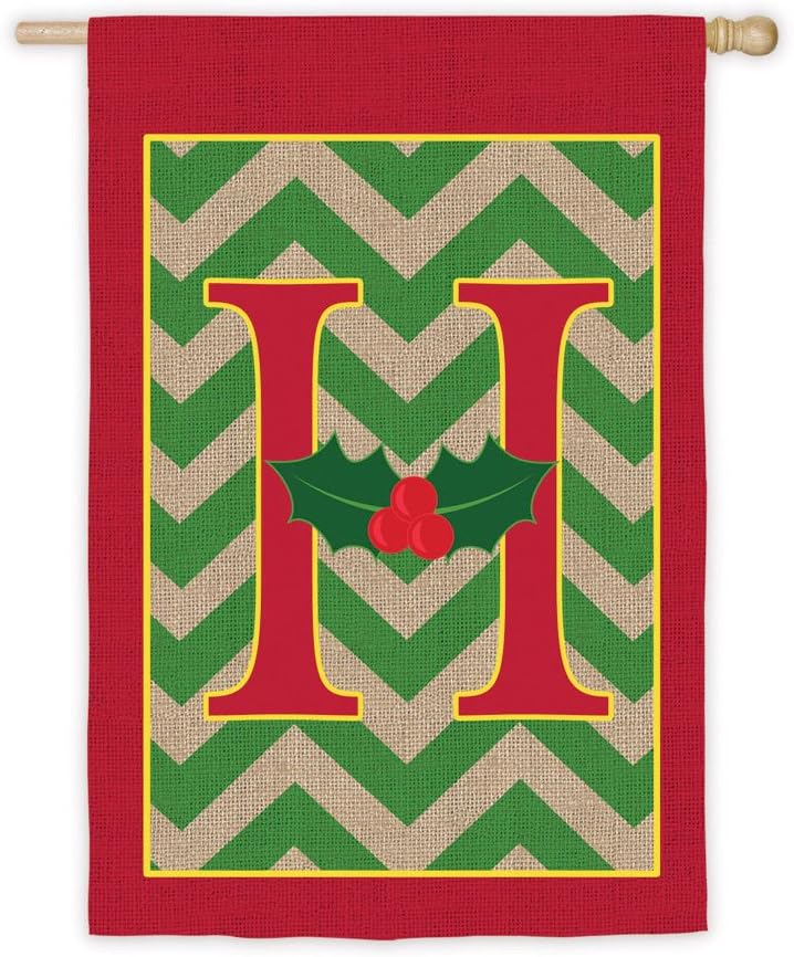 Chevron Stripe Burlap Holly Monogram H House Flag