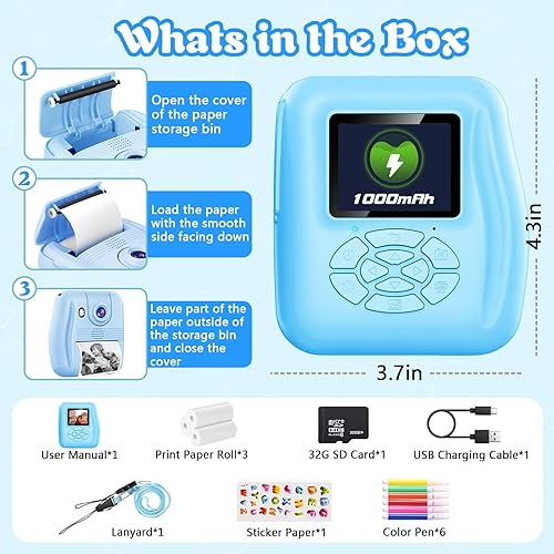 Miniatura 7 de Cámara de impresión instantánea para niños, cámara digital 1080P, teléfono de video selfie conectado, regalo ideal para niños y niñas de 3 a 12 años