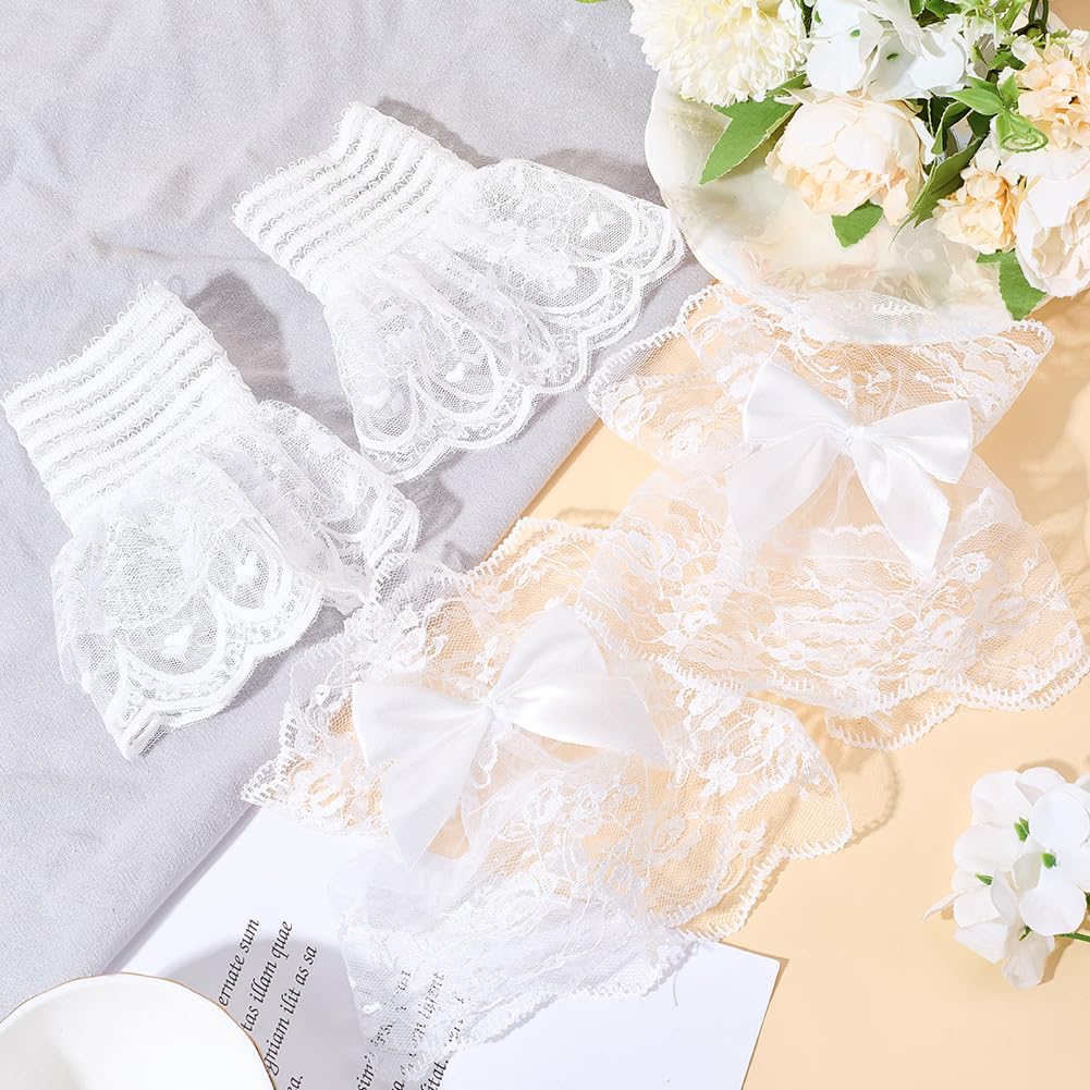 CABODYALS 2 works 2 Styles White Bow Floral Sheer Mesh Lace Removable Wrist Cuffs Bracelets Ruffle Costume Short Fingerless Gloves Hand Sleeve Cuff for Wedding Tea Party Cosplay Decor - Image 3