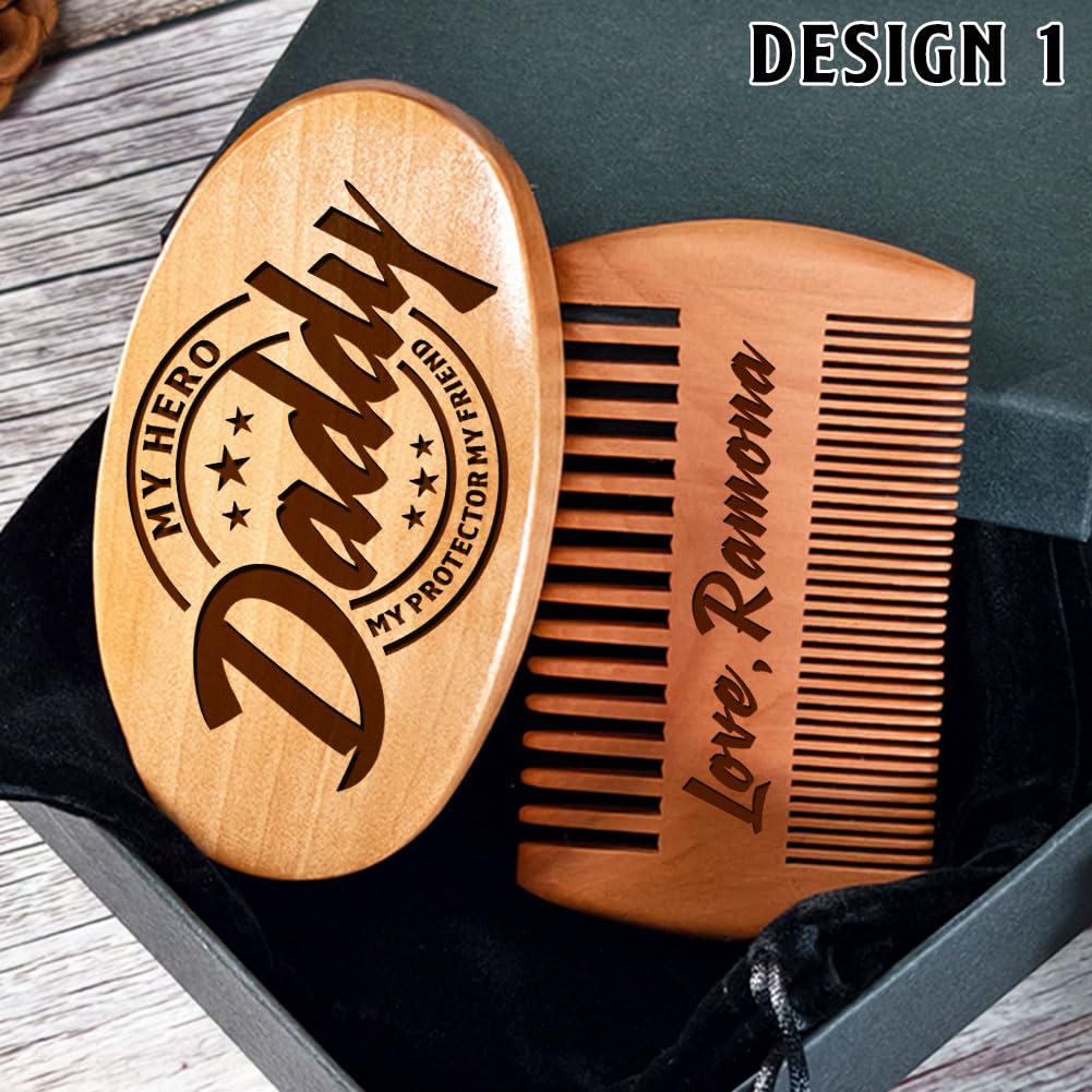 Gifts for Dad, Personalized Name Beard Comb & Beard Brush Set for Grandpa - w/Velvet Travel Pouch and Gift Box, Father's Day, Birthday, Christmas Gifts
