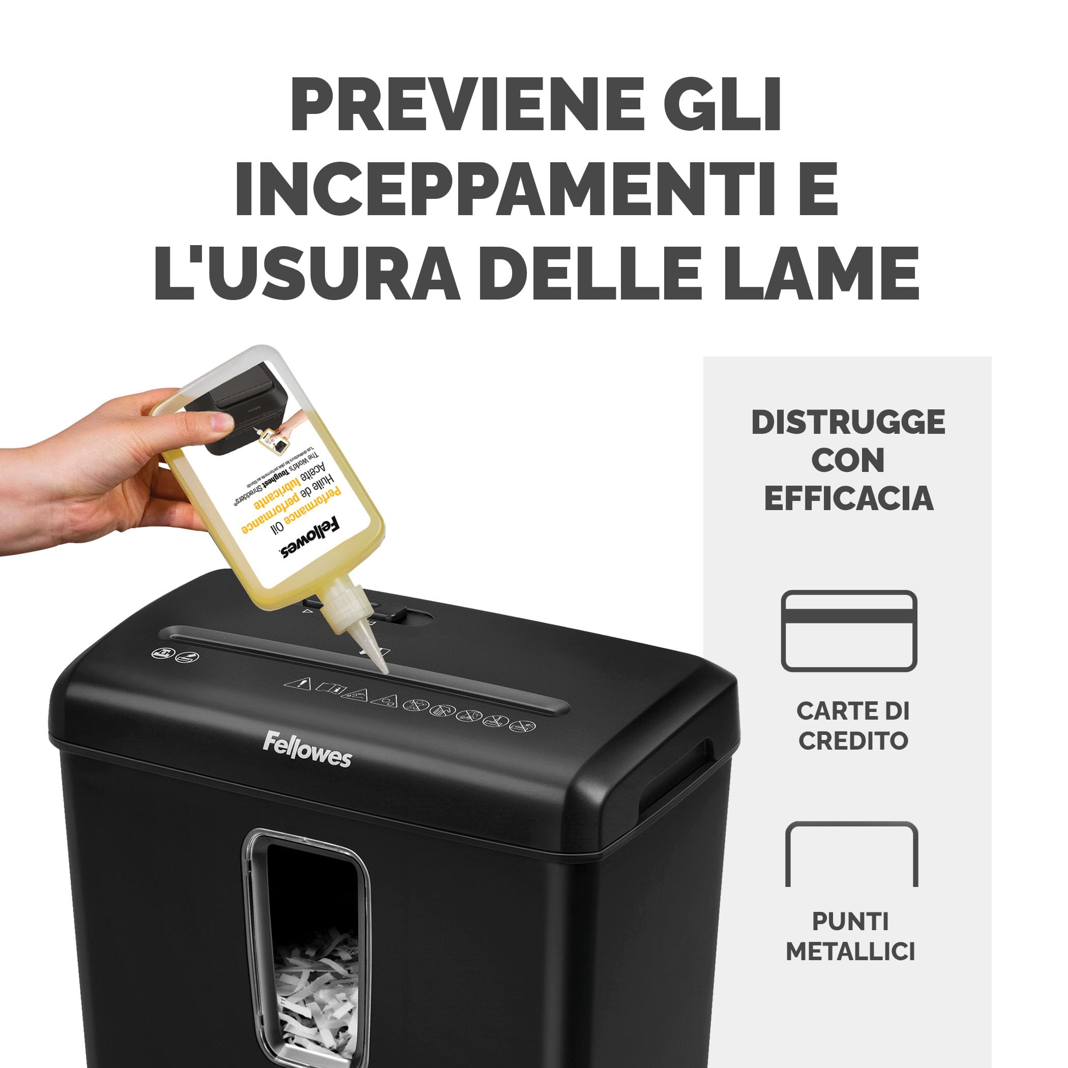 Fellowes Distruggi documenti a frammento FS-6C, 6 fogli, per casa e piccolo ufficio, nero [ESCLUSIVA AMAZON] + Olio per Distruggi Documenti, 355 ml - Olio Lubrificante con Beccuccio