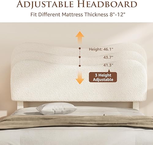 Miniatura 4 de Kelway Base de cama tamaño Queen Boucle tapizada con cabecera ajustable curvada, no necesita somier, color beige