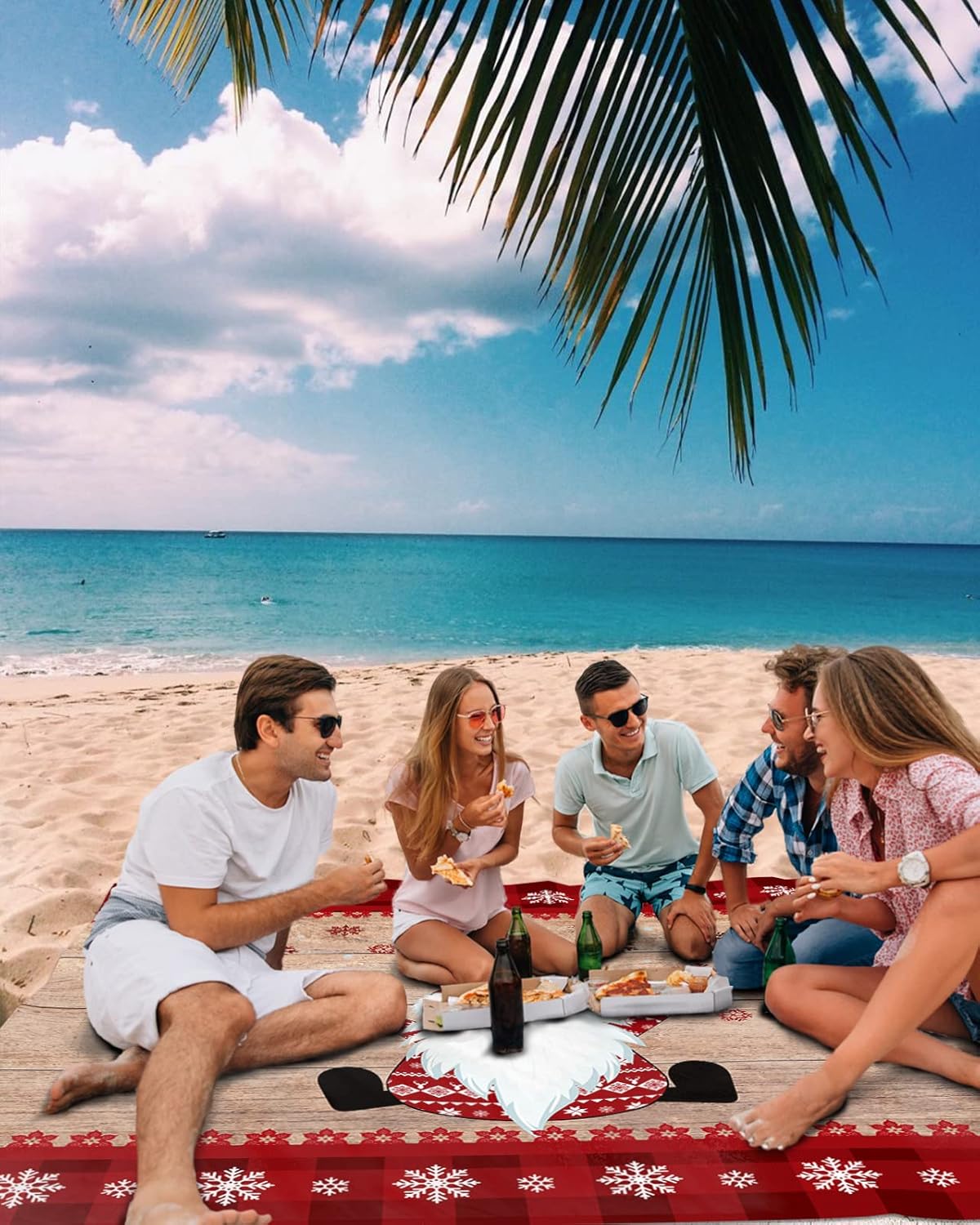 Vintage Christmas Santa Dwarfs Red Snowflake Beach Blanket Waterproof Sandproof Outdoor Picnic Mat 108"x84" Wood Board Lightweight Large Beaach Blankets with 4 Stake & 4 Corner Pockets