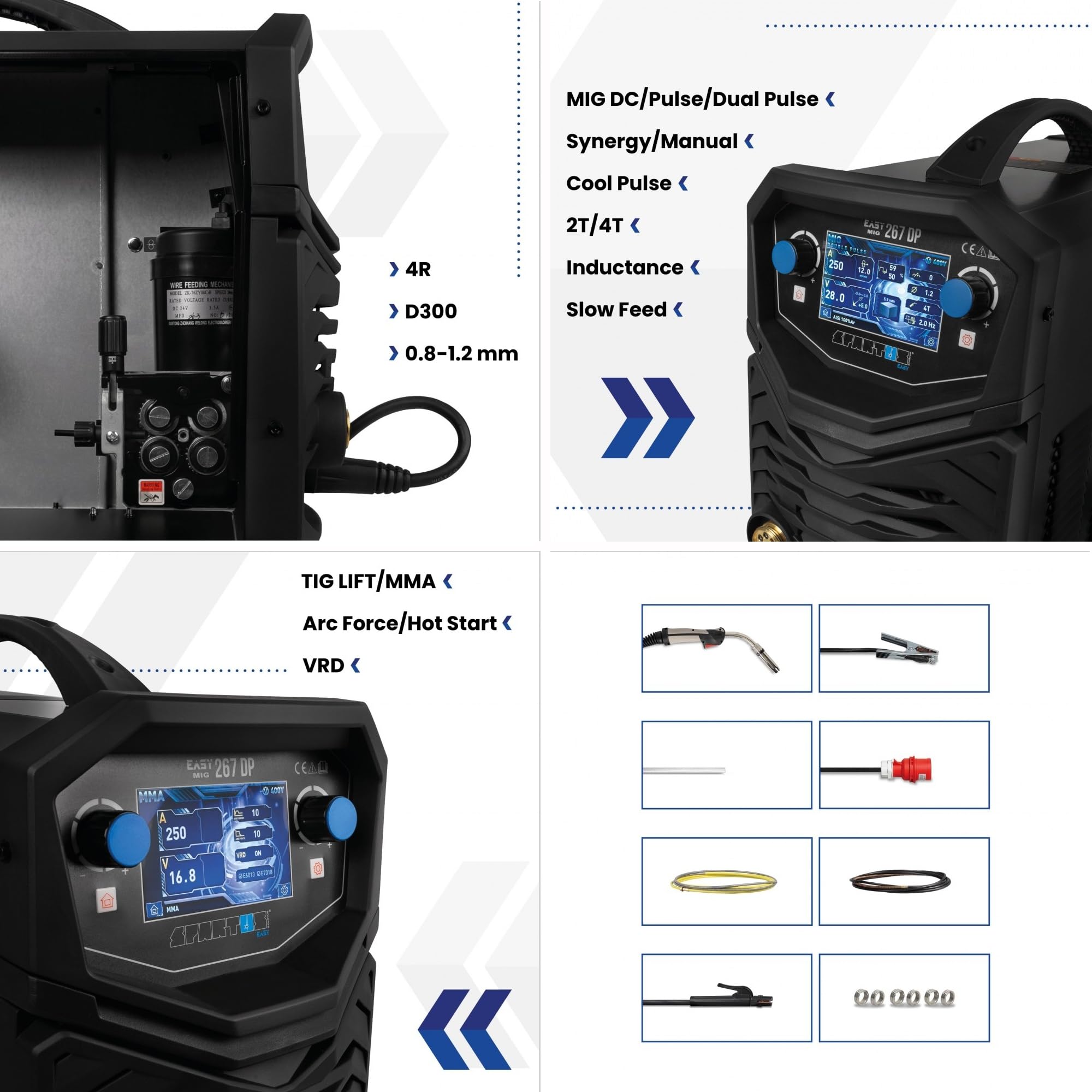 SPARTUS MIG MAG - Saldatrice a gas protettivo, 400 V, 250 A, inverter a doppio impulso per alluminio e acciaio, sinergica, azionamento a 4 rulli, EasyMIG 267 DP Bestschweissen.de