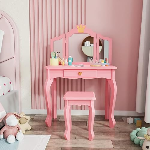 JOYMOR Kids Vanity Set with Mirror, 2 in 1 Princess Makeup Dressing Table and Stool Set with Drawer, Solid Toddler Vanity Table w/Detachable Top,