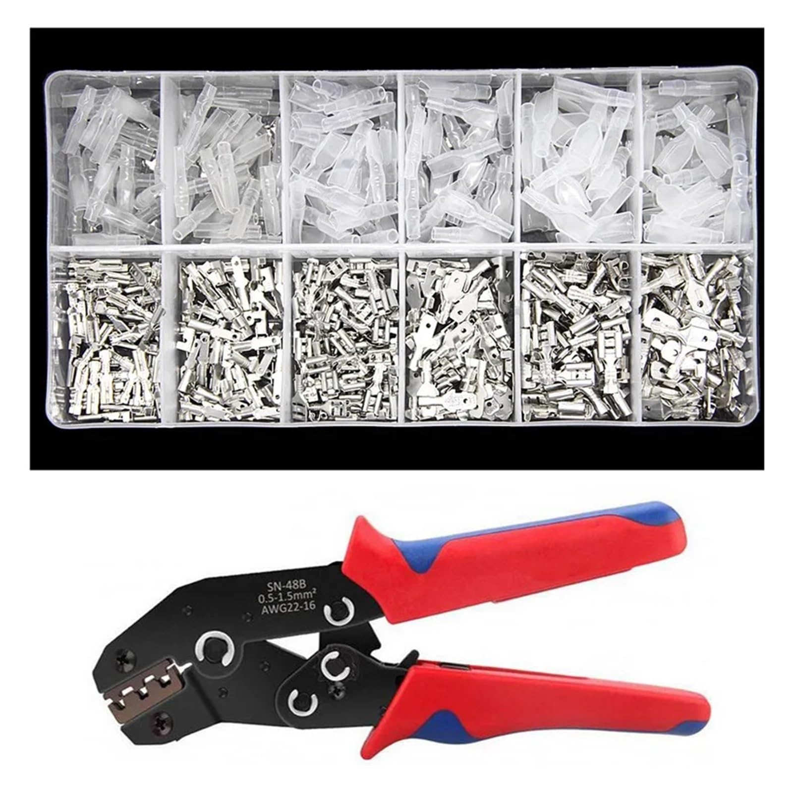 SN48B Crimping Pliers 0.25-1.5mm2 23-16AWG with 450Pcs 2.8 4.8 6.3mm Terminal Box Car Connector Wire Electrician Tools(450PCS and SN48B)
