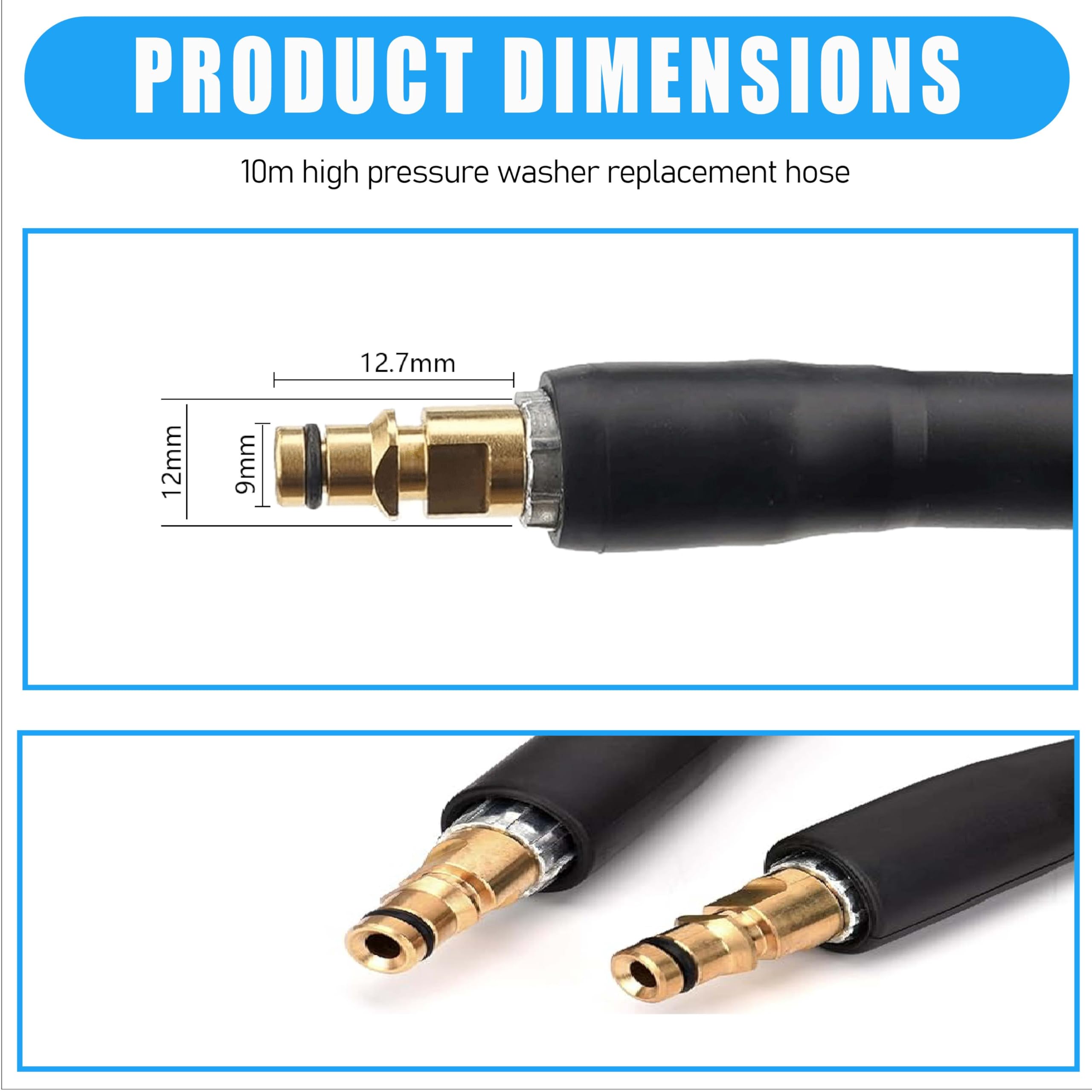 10m tuyau haute pression pour Kärcher K2 K3 K4 K5 K7, 400 Bar (5800 PSI) avec système Quick-Connect-Click, tuyau pratique de prolongation et de remplacement incl. ceinture de stockage