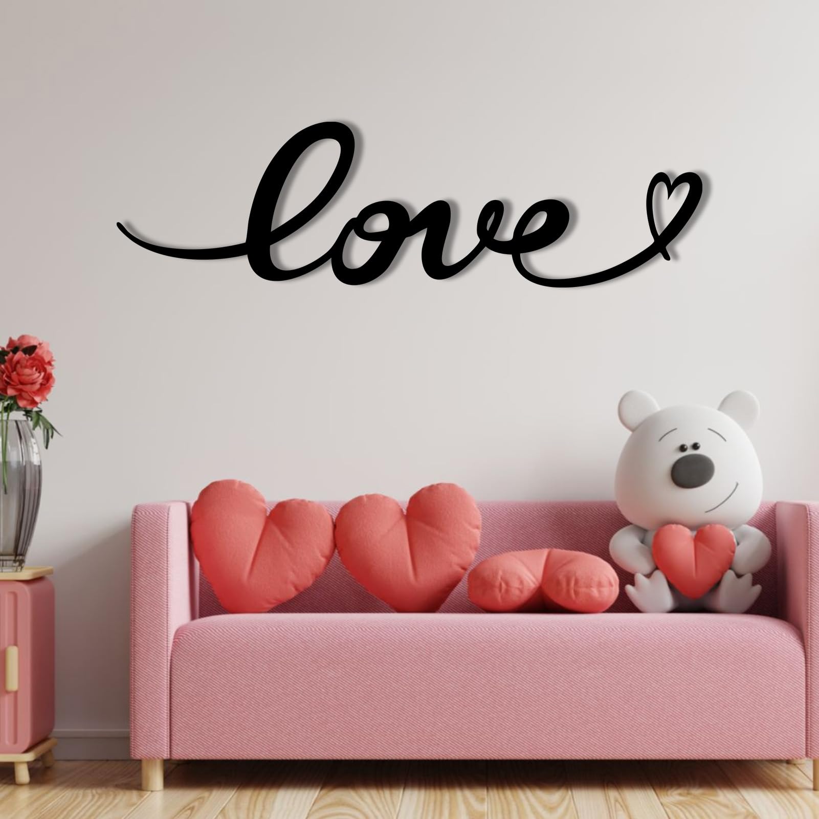 Schwarzes Metall-Herz-Wandbild, Metall-Monogramm-Hochzeitswandbild, Moderne Liebeskunst-Dekoration für Wohnzimmer, Schlafzimmer, Flur, Heimdekoration (Schwarz, 150 x 43 cm)