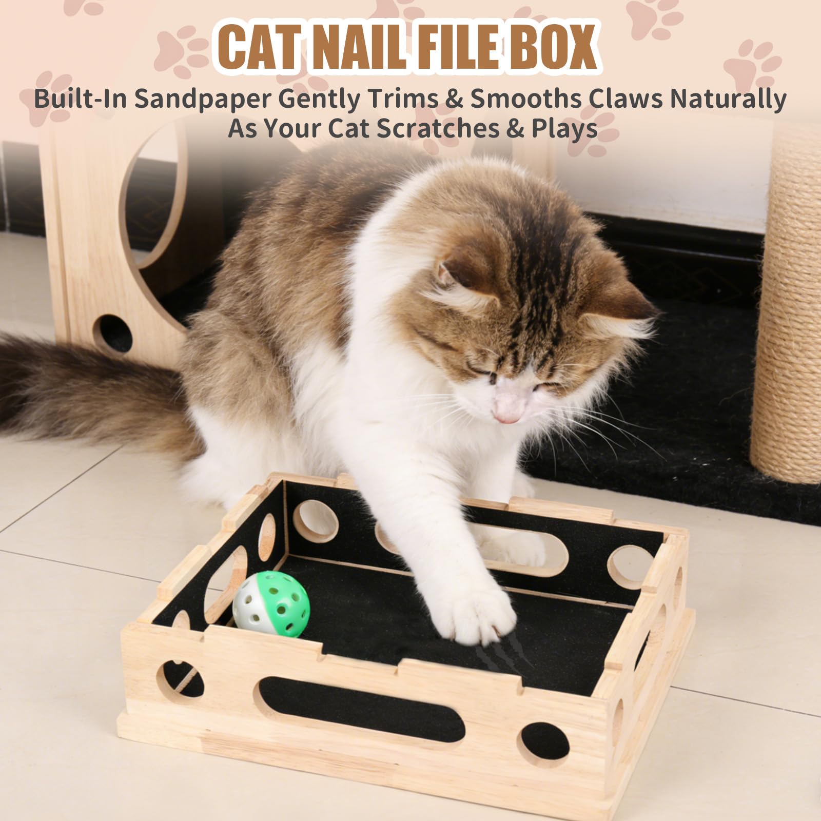 Caja de enriquecimiento de rompecabezas para rascar gatos, caja de enriquecimiento de lima de uñas de gato de madera maciza lisa con papel de lija integrado, caja de lima de uñas para gatos
