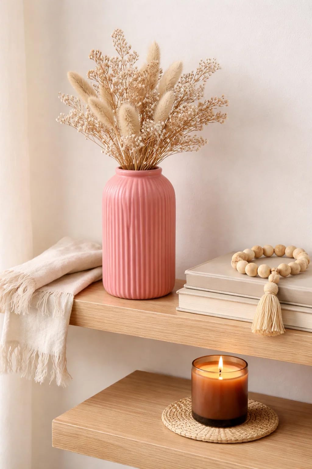 Sphinx Large White Ceramic Vase 9 Inch | Ribbed Boho Flower Vase for Scandinavian Home Decor, Pampas Grass & Dried Flowers