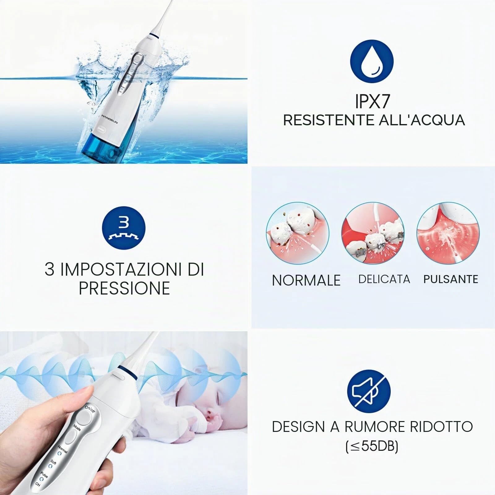 Idropulsore Dentale Portatile con 8 Ugelli Hangsun Irrigatore Dentale, 3 Modalità e Capacità 300ML, USB Ricaricabile per Ortodontico, Famiglia