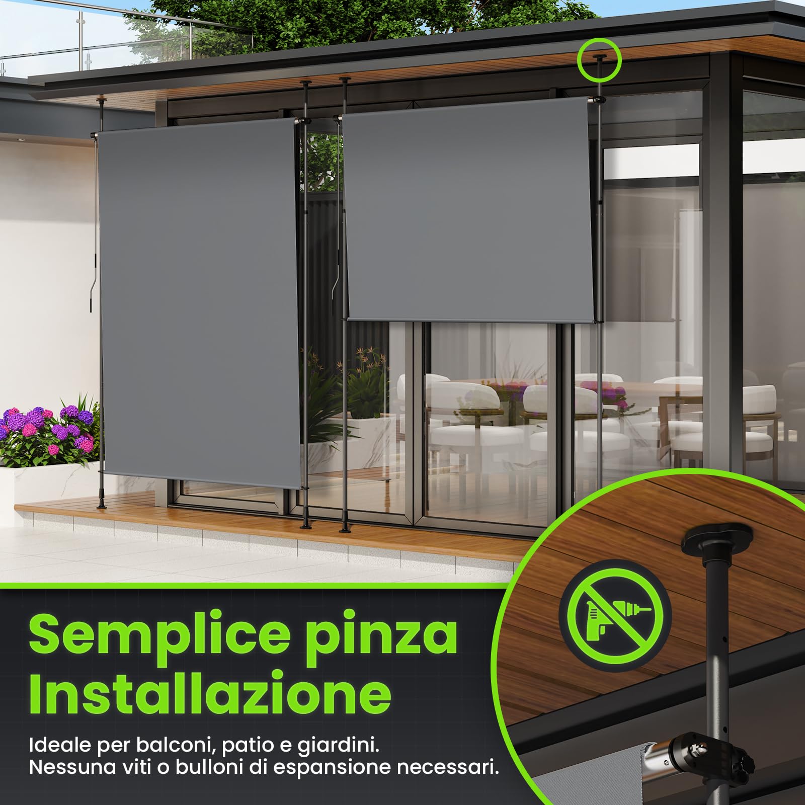 YEAUPE PRO Tenda da sole verticale per esterni, 120 x 300 cm, grigio scuro, senza forature, con morsetto a manovella, adatta per balconi, terrazzi, esterni e giardini, frangivista resistente alle
