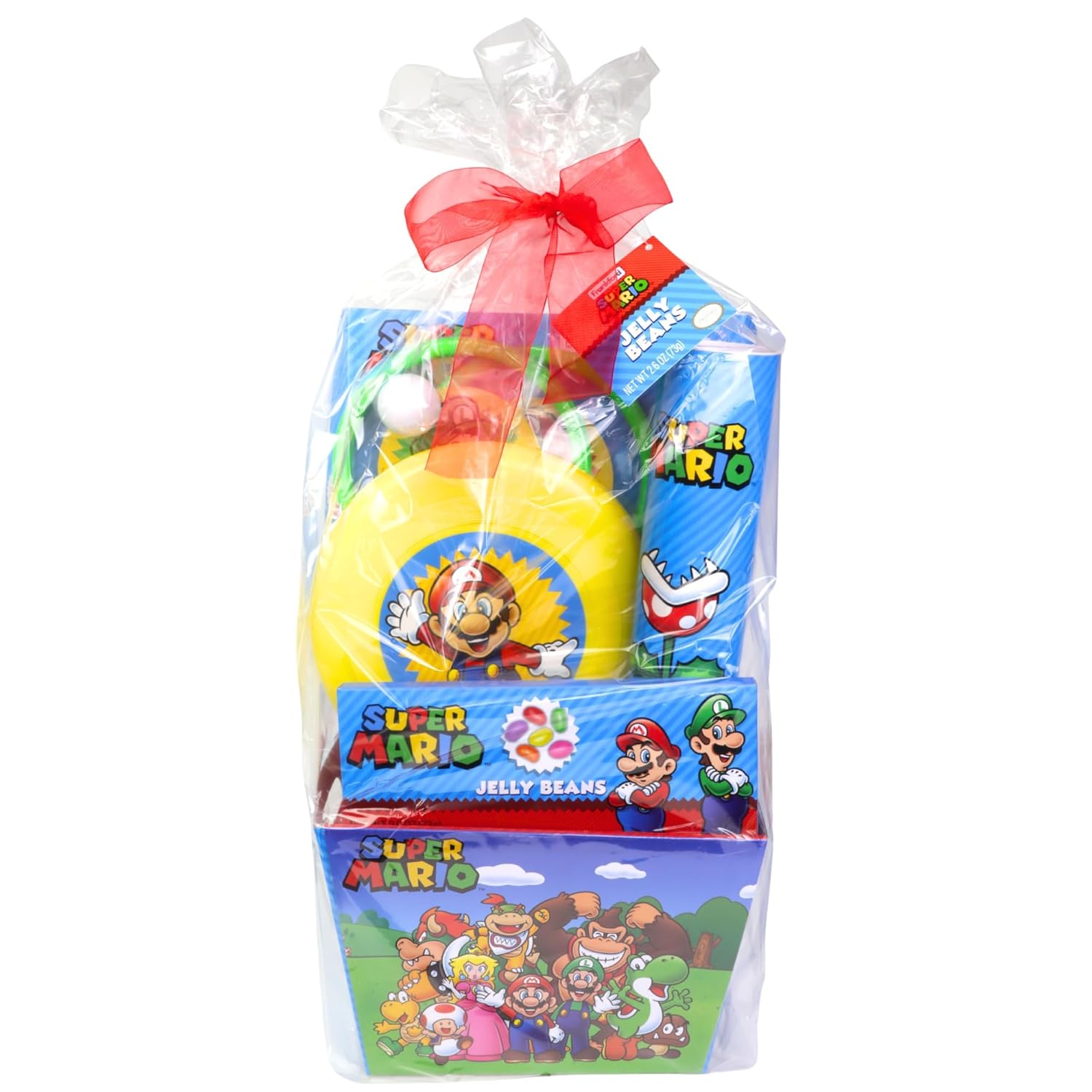 Super Mario Easter Basket, Pre-Filled Gift Set with Jelly Beans Candy, Frisbee, Paddle Ball Game and Coin Bank, 5 Items