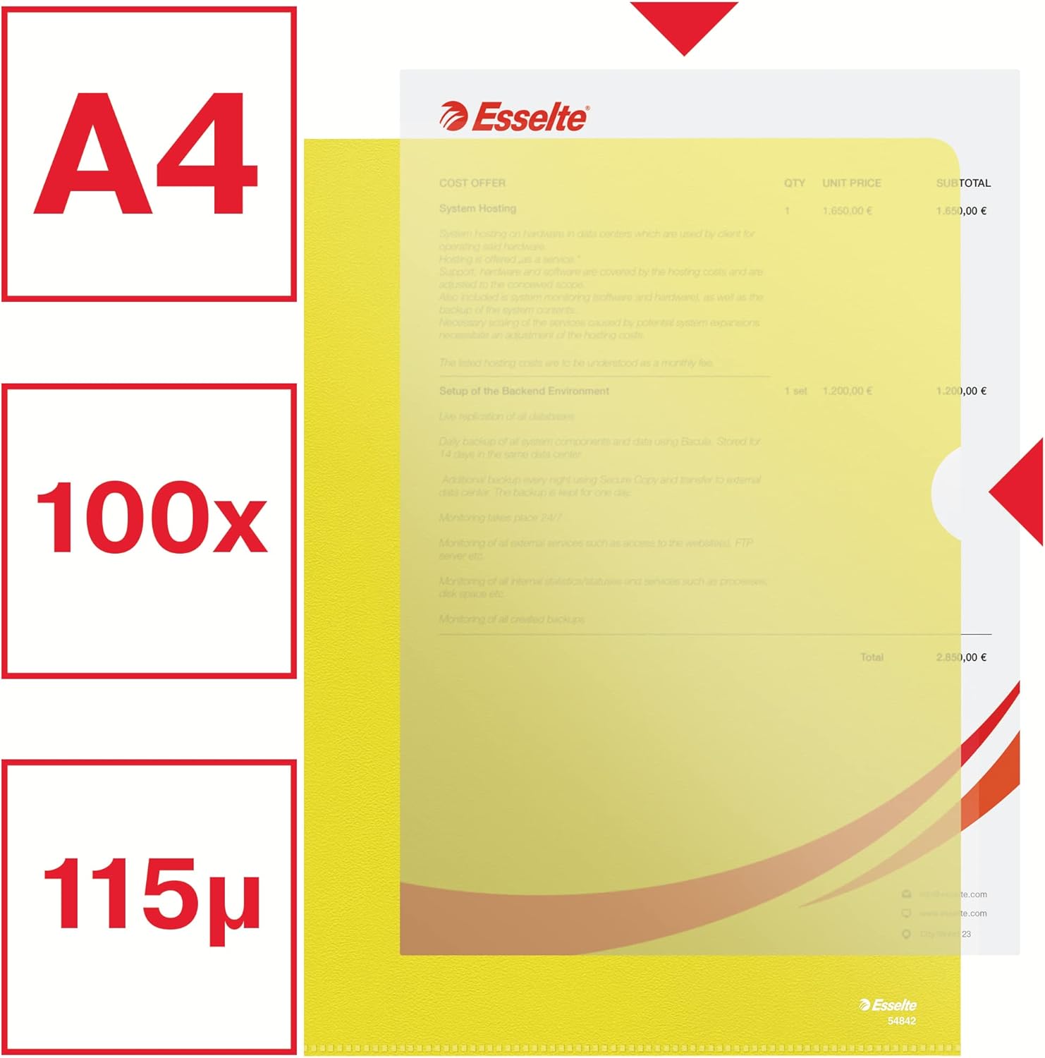 Esselte Premium Folder A4, Clear Yellow Matt Finish, 115 Micron Polypropylene, Box of 100, 54842