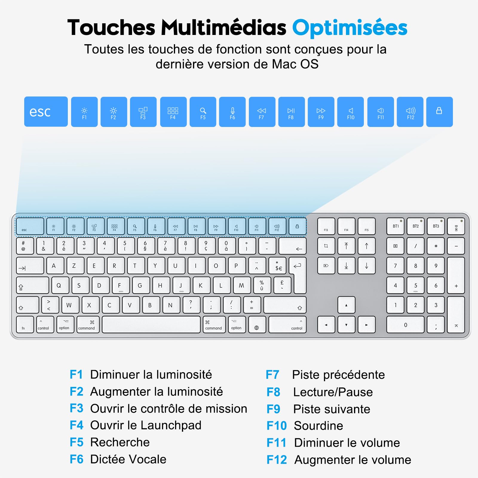OMOTON Clavier Bluetooth sans Fil pour Mac AZERTY Français, Argent | Rechargeable, Multi-dispositifs avec 3 Canaux Bluetooth pour Apple MacBook Pro/Air, Mac Pro/Mini, iMac