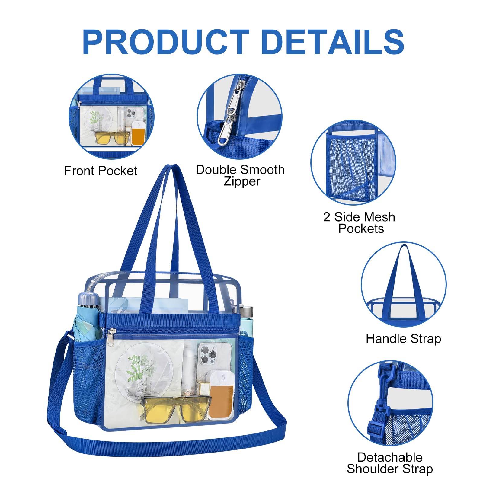 USPECLARE Transparente Tragetasche, Stadion-genehmigt, Sicherheits-Reisen und Fitnessstudio, transparente Tasche für Arbeit, Sport, Spiele, Konzerte, Blau, Large