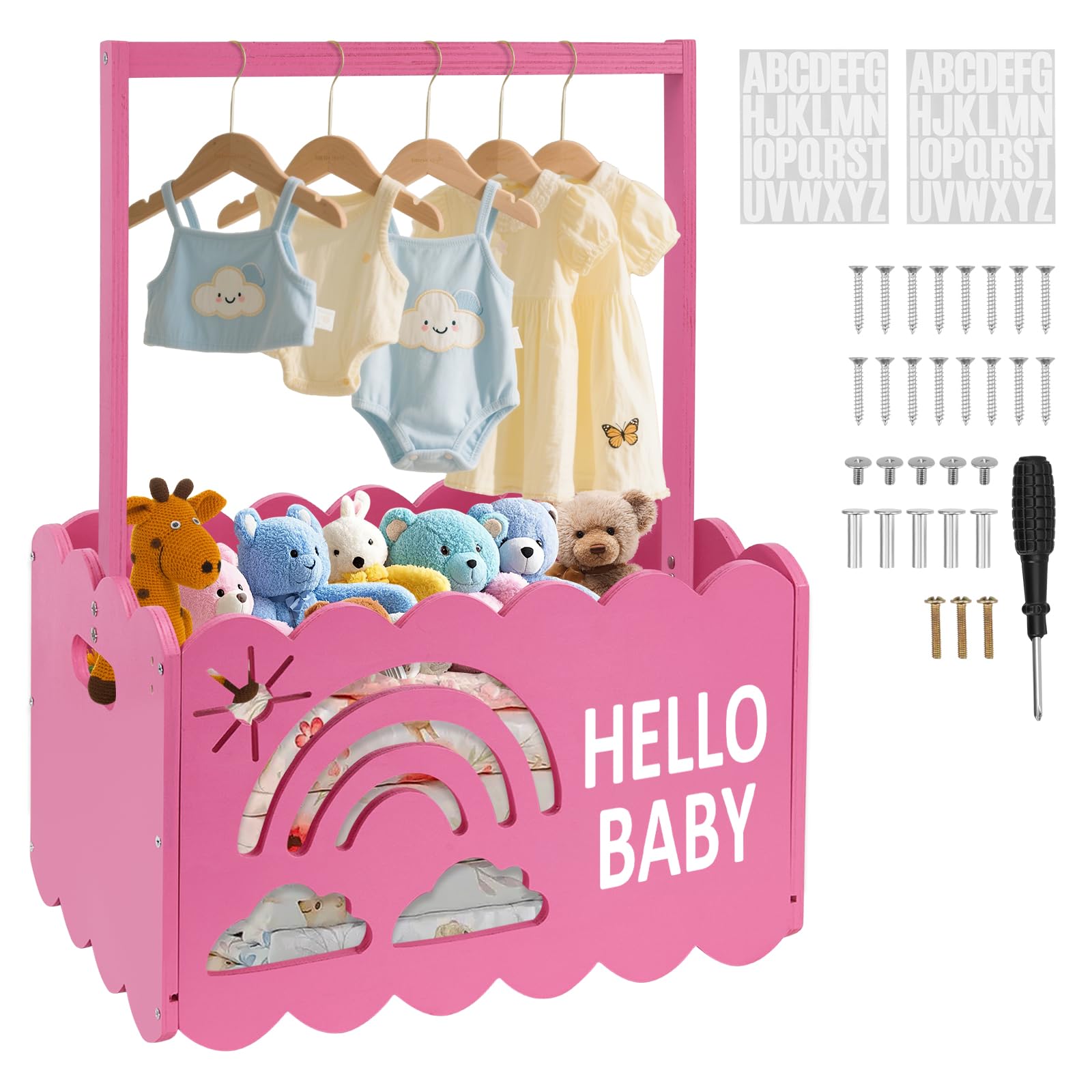 Holz Korb für Geschenke Babyparty, Groß Babykorb Geschenk mit Griff Babyparty für Neugeborenen Geschenkkorb,Holz Baby Geschenk Korb mit 52 Buchstaben für Mädchen, Junge, Shower,41X28X56cm(Rot)