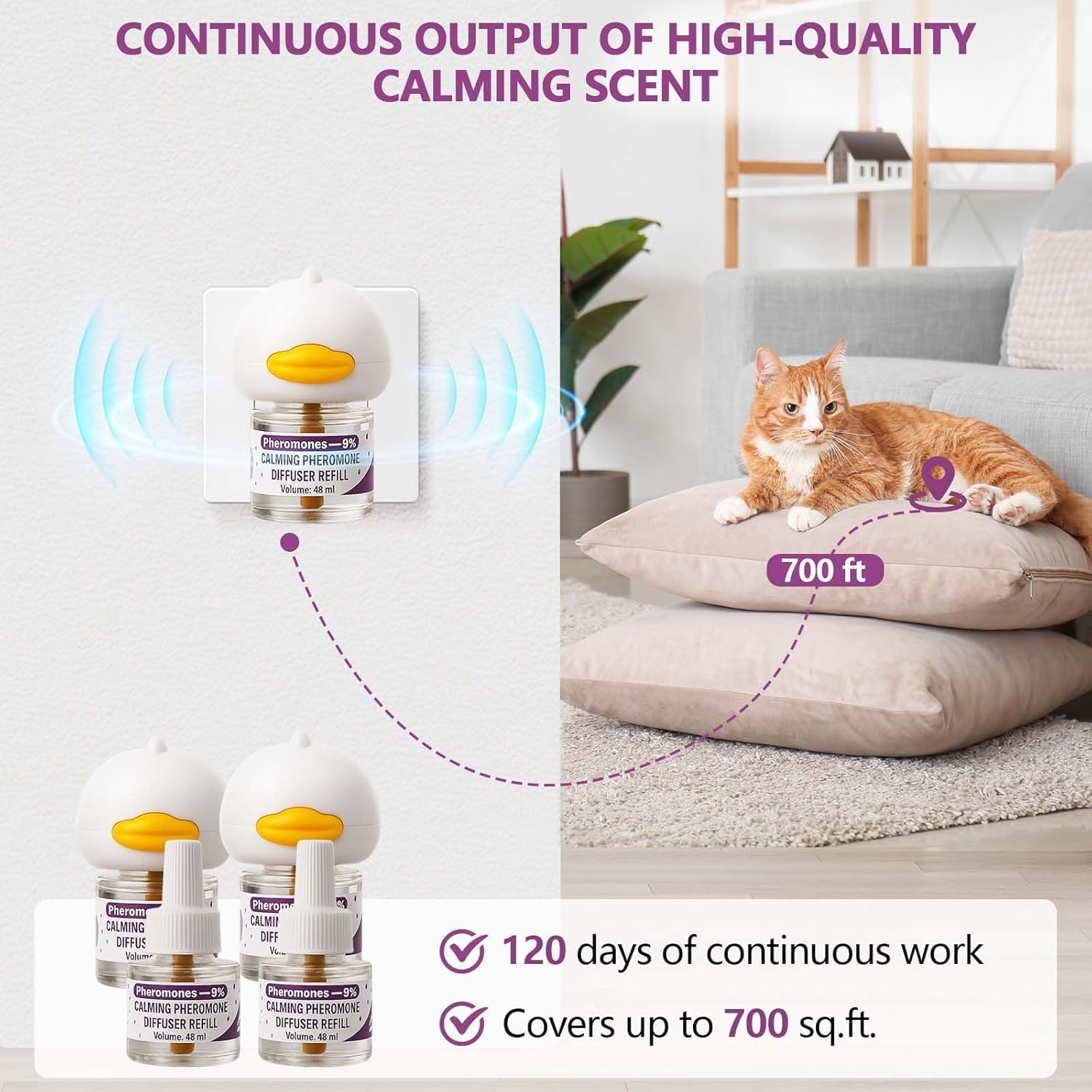 Cat Pheromones Calming Diffuser, Cat Calming Diffuser with 2 Diffusers + 4 Refills, Cat Calming Diffuser Plug in - Relieve Anxiety, 120 Days Starter Kit Long-Lasting Stress Relief for Cats (Purple) - image 3