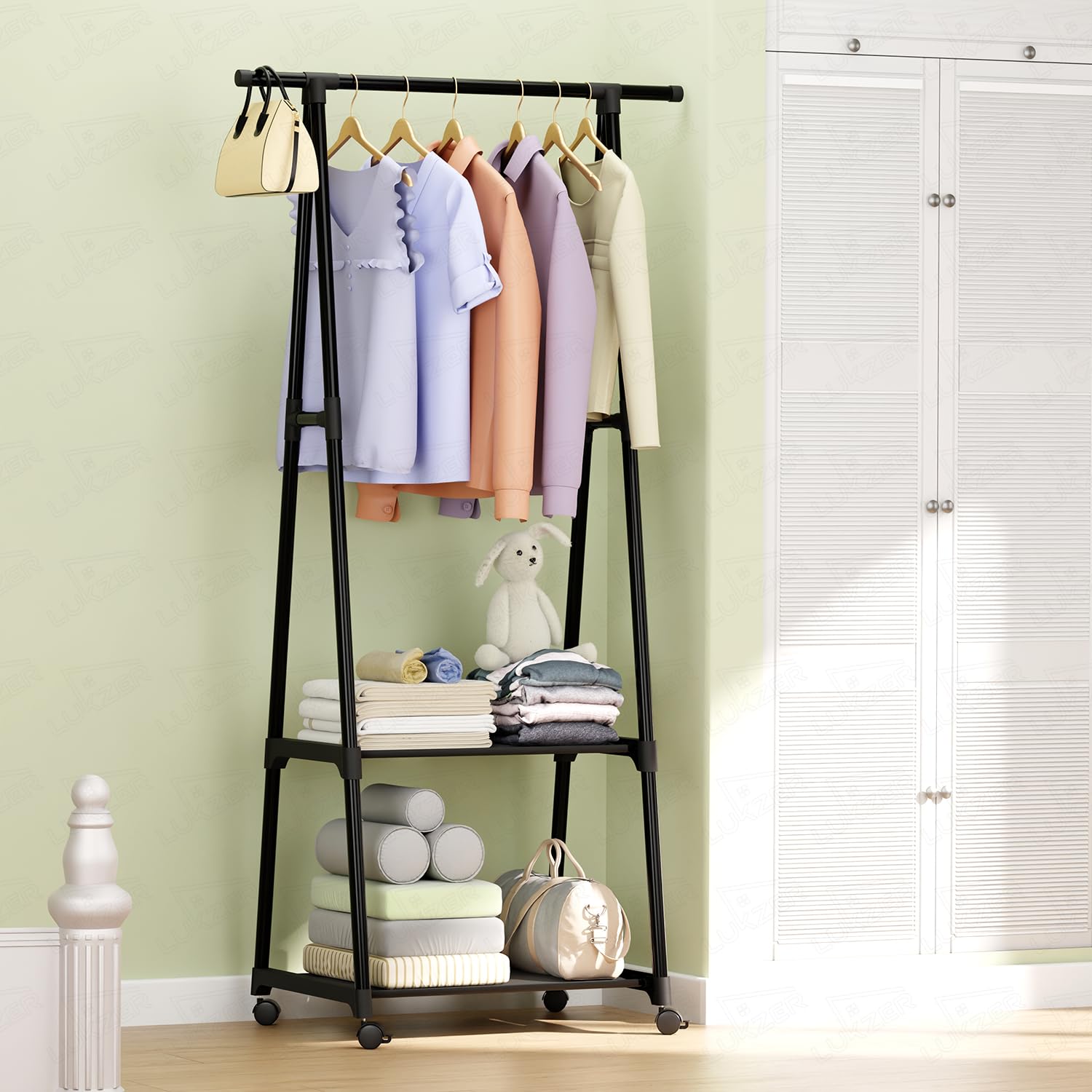 Lukzer A-Shape MGR-010/Black Garment Rack | Multipurpose Coat Hanger, Clothes Organizer with 2 Bottom Shelves, Space-Saving Storage, Stylish Home Decor, Clothing Display (160 x 55 x 42cm)