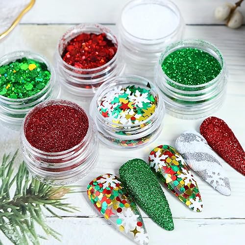 Miniatura 6 de Decoración de uñas de Navidad con purpurina, diseño de uñas verde y rojo, diseños holográficos de Navidad para invierno, copos de invierno,